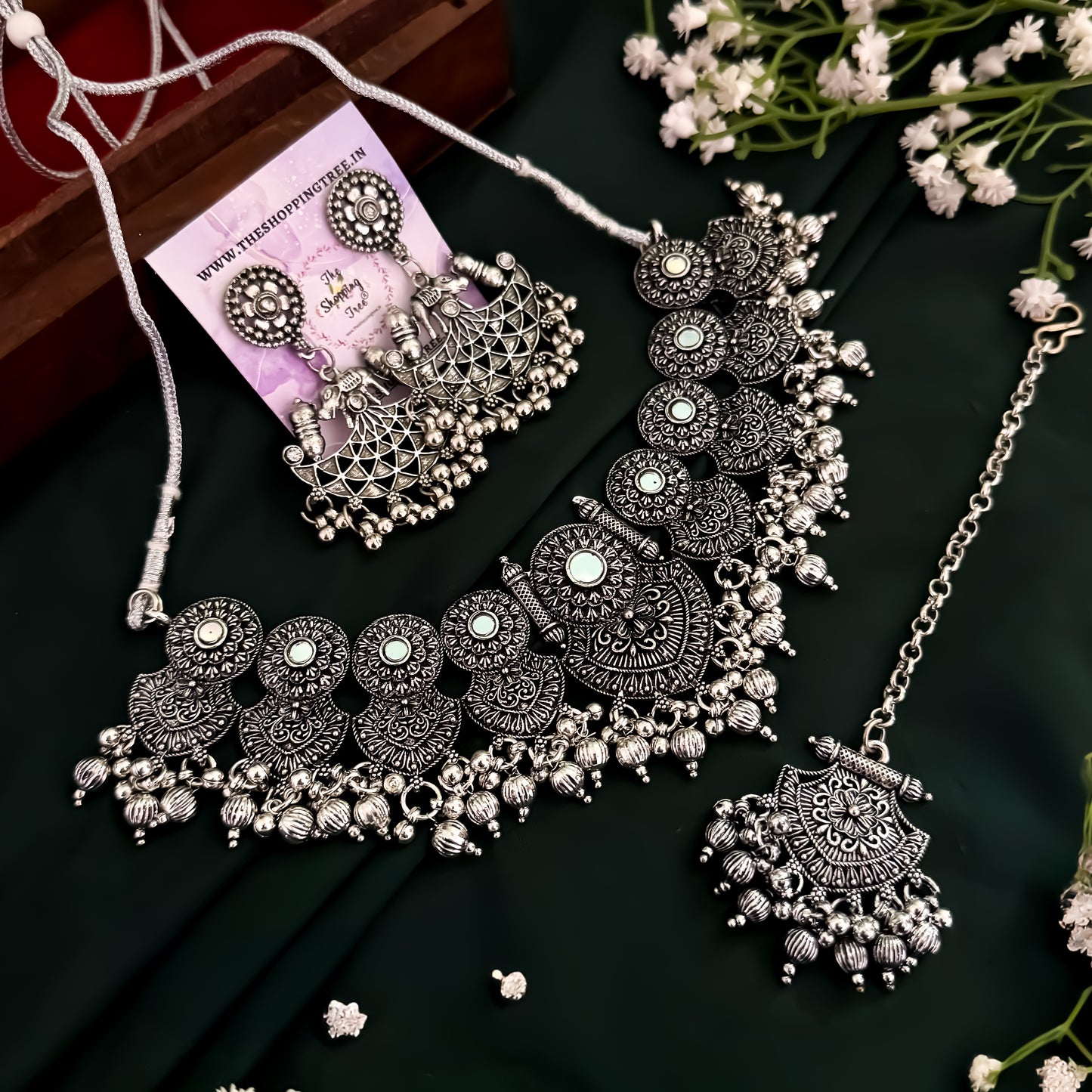 Anika Necklace Set with Earrings & Teeka -Silver