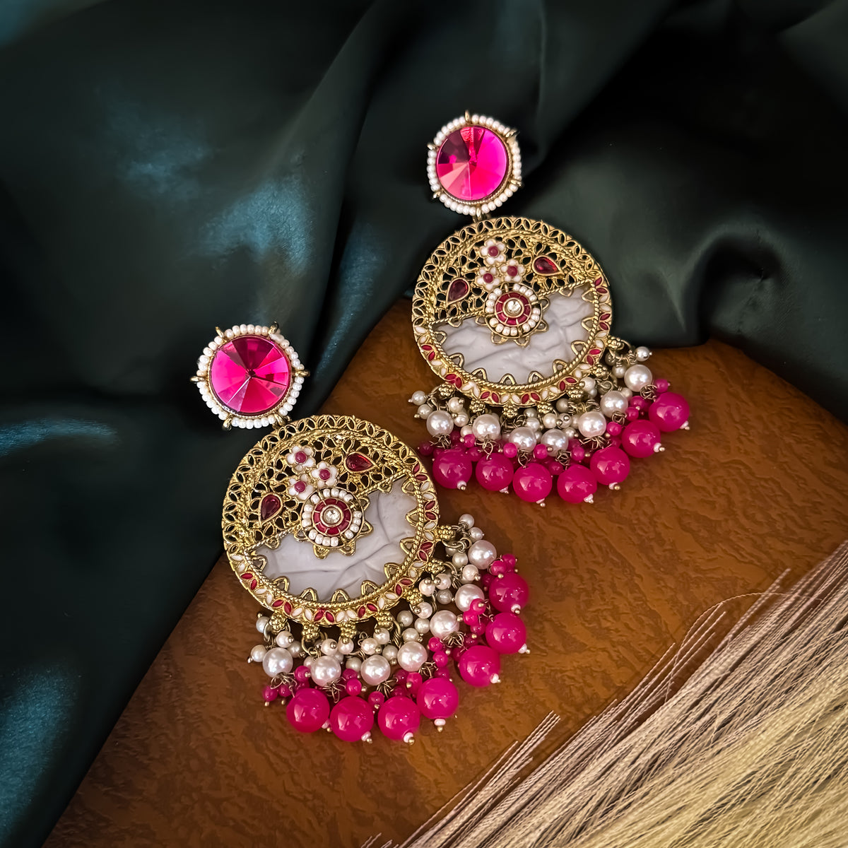 Pink Pallavi MOP Pearl Meenakari Chandbali Earrings