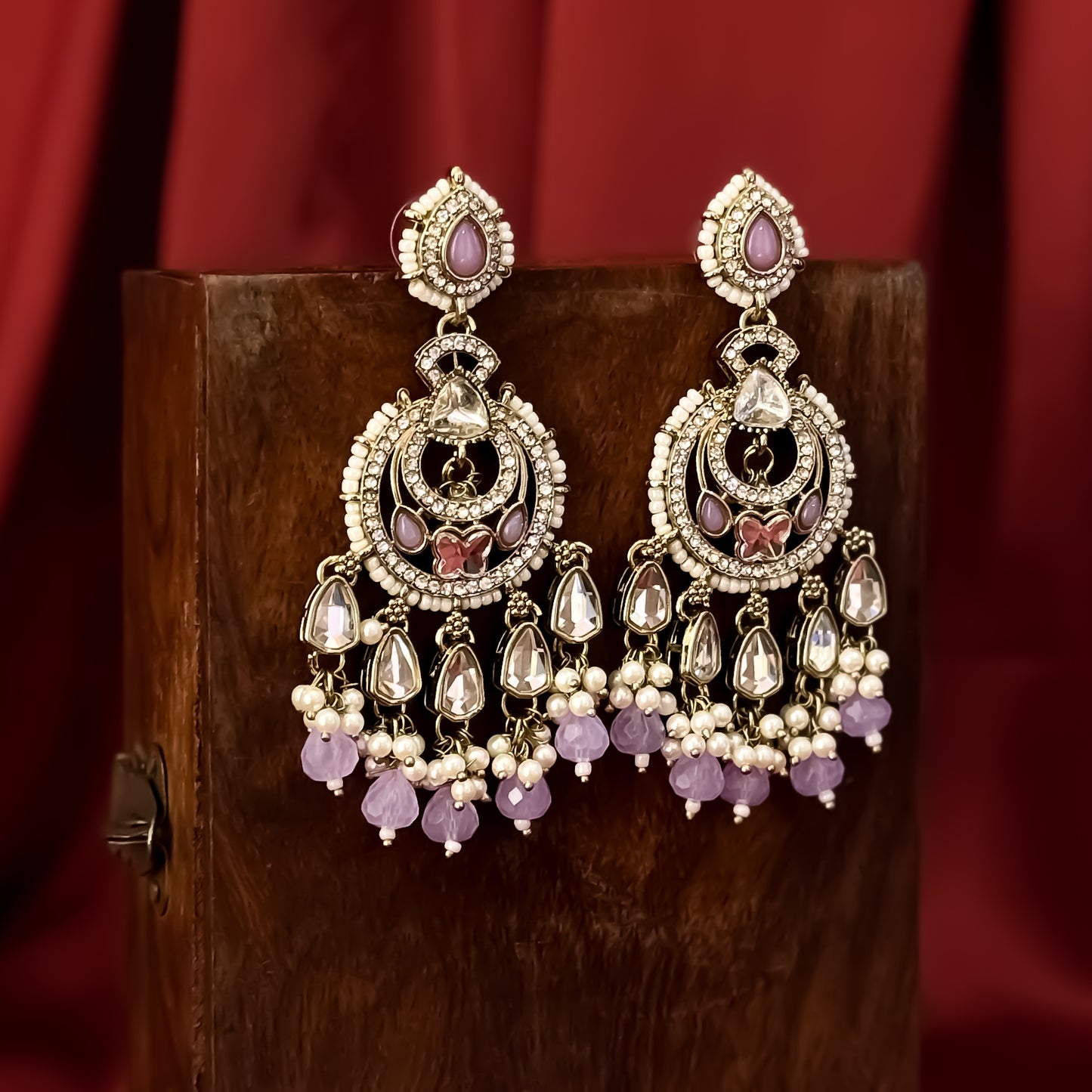 Athiya Kundan Pearl Premium Chandbali Earrings - Lavender