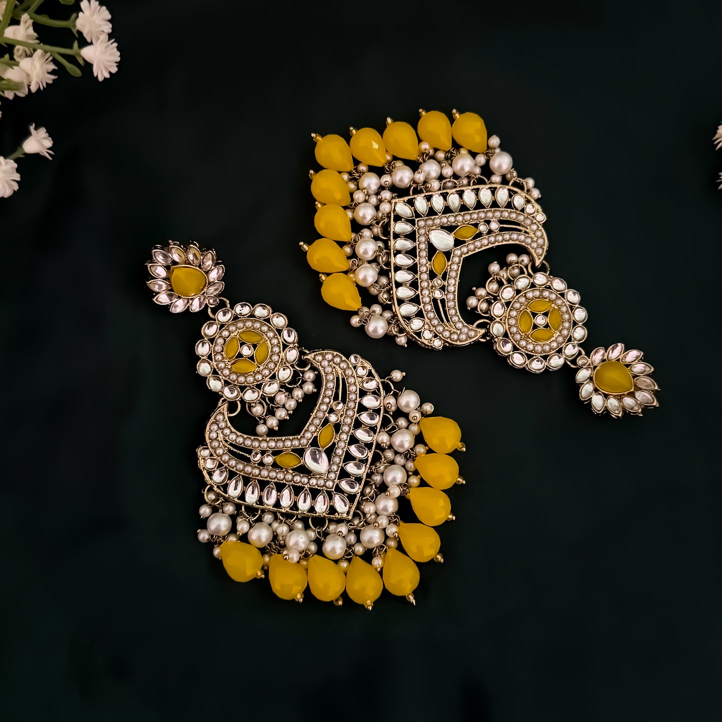 Shaba Jadau Kundan Chandbali Earrings - Yellow