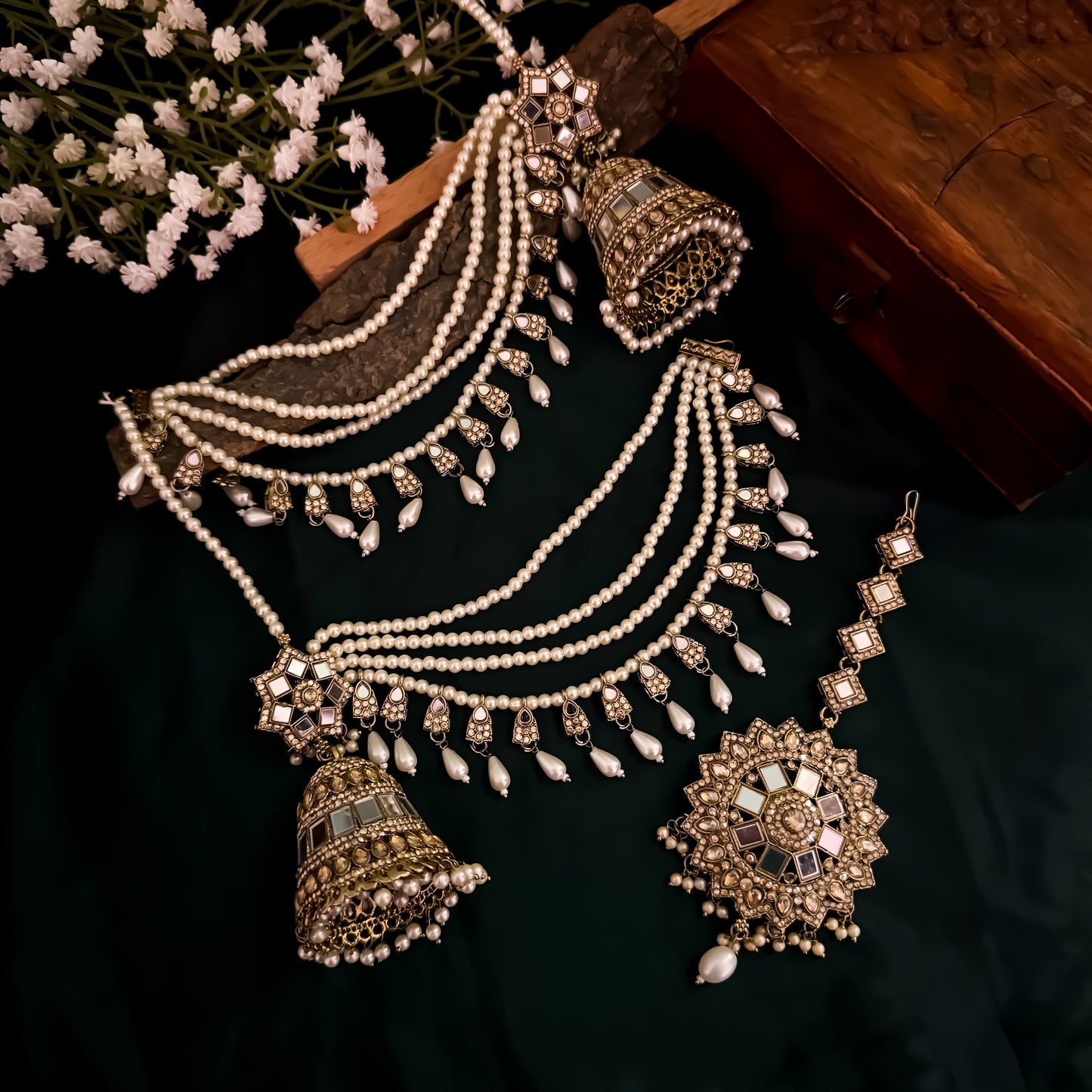Rani Padmavat Jadau Jhumka Earrings with Sahara & Teeka - Golden