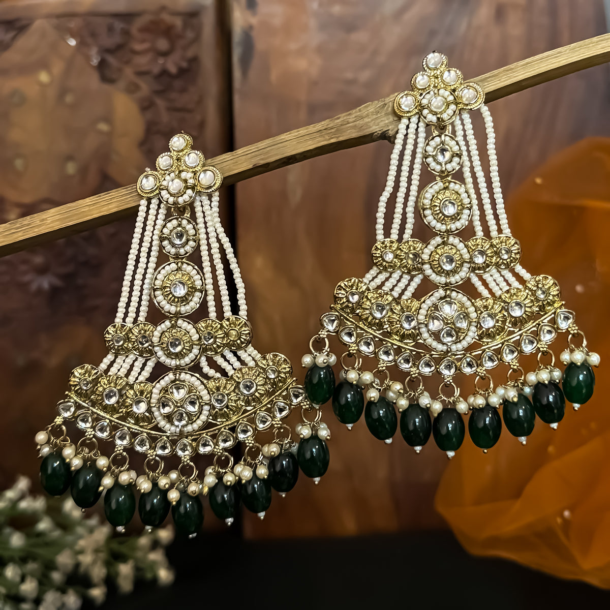 Green Kinza Kundan Pearl Chandbali Earrings