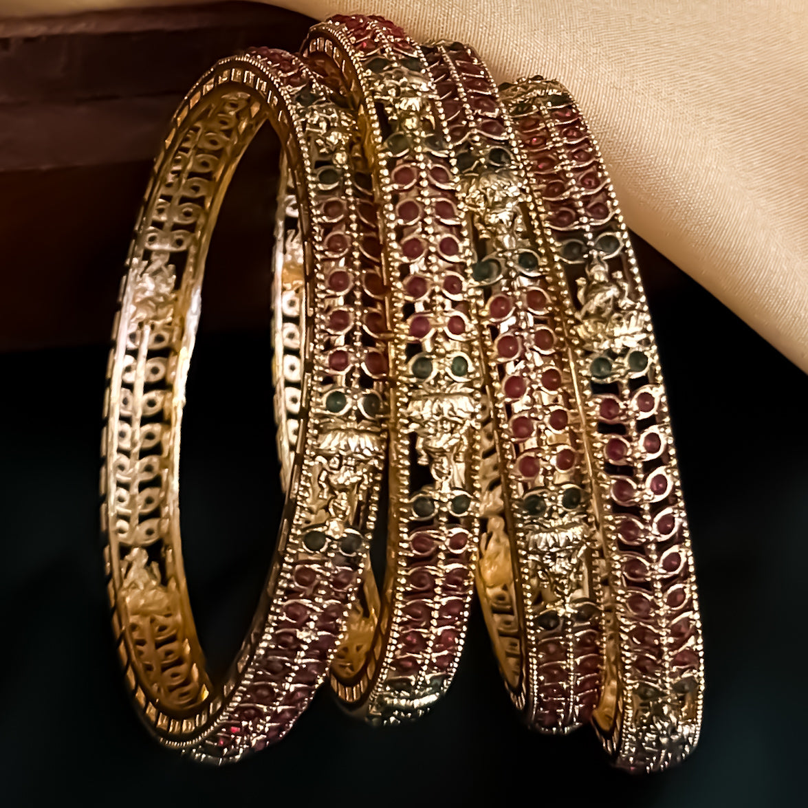 Devyani Lakshmi Temple Gold Bangles - Pink & Green (Set of 4)
