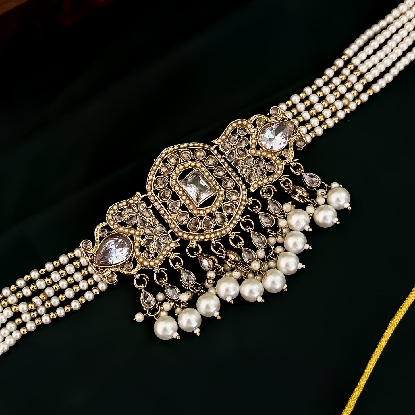 Nihal Reverse AD Necklace Set with Earrings & Teeka - Golden