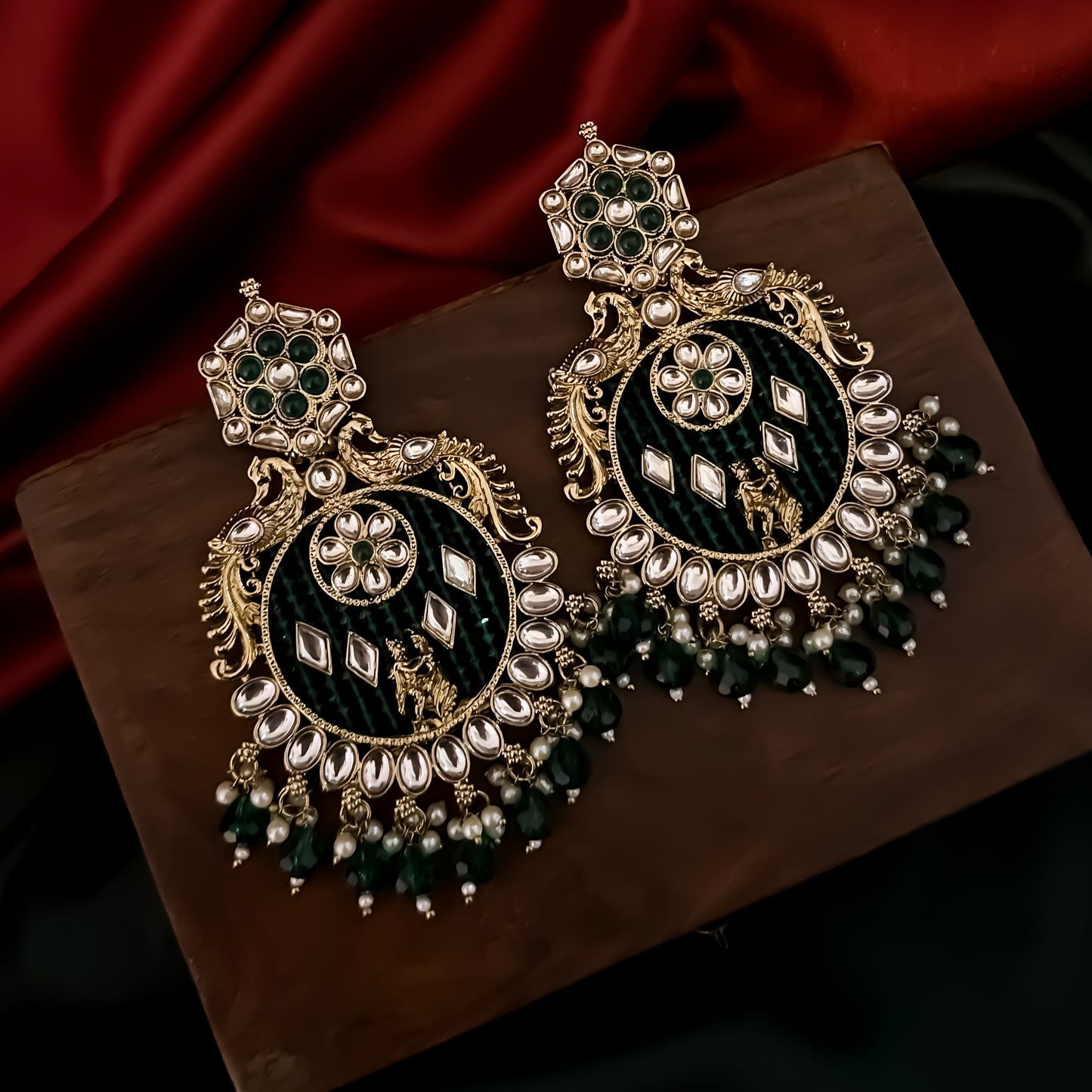 Dhwani Kundan Pearl Chandbali Earrings - Green