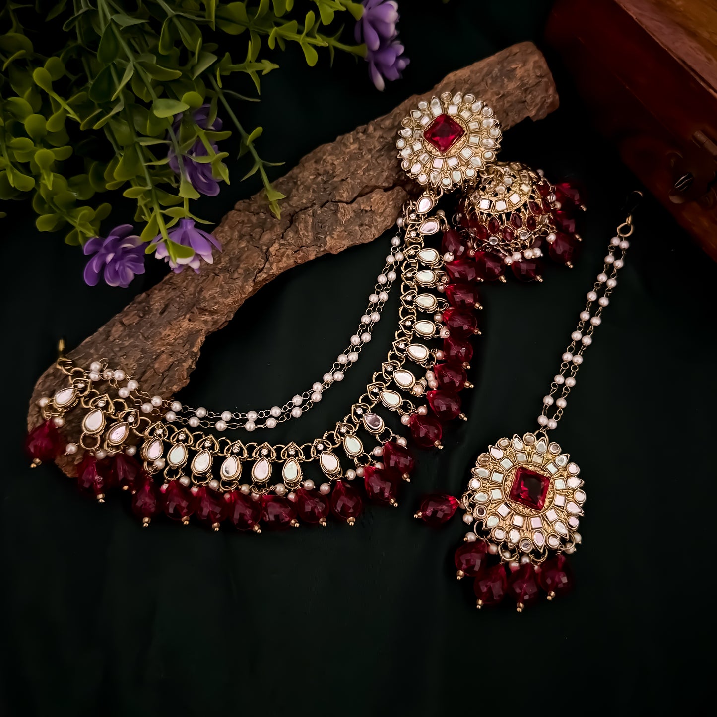 Masaba Mirror Jhumka Earrings with Sahara & Tika Set - Pink