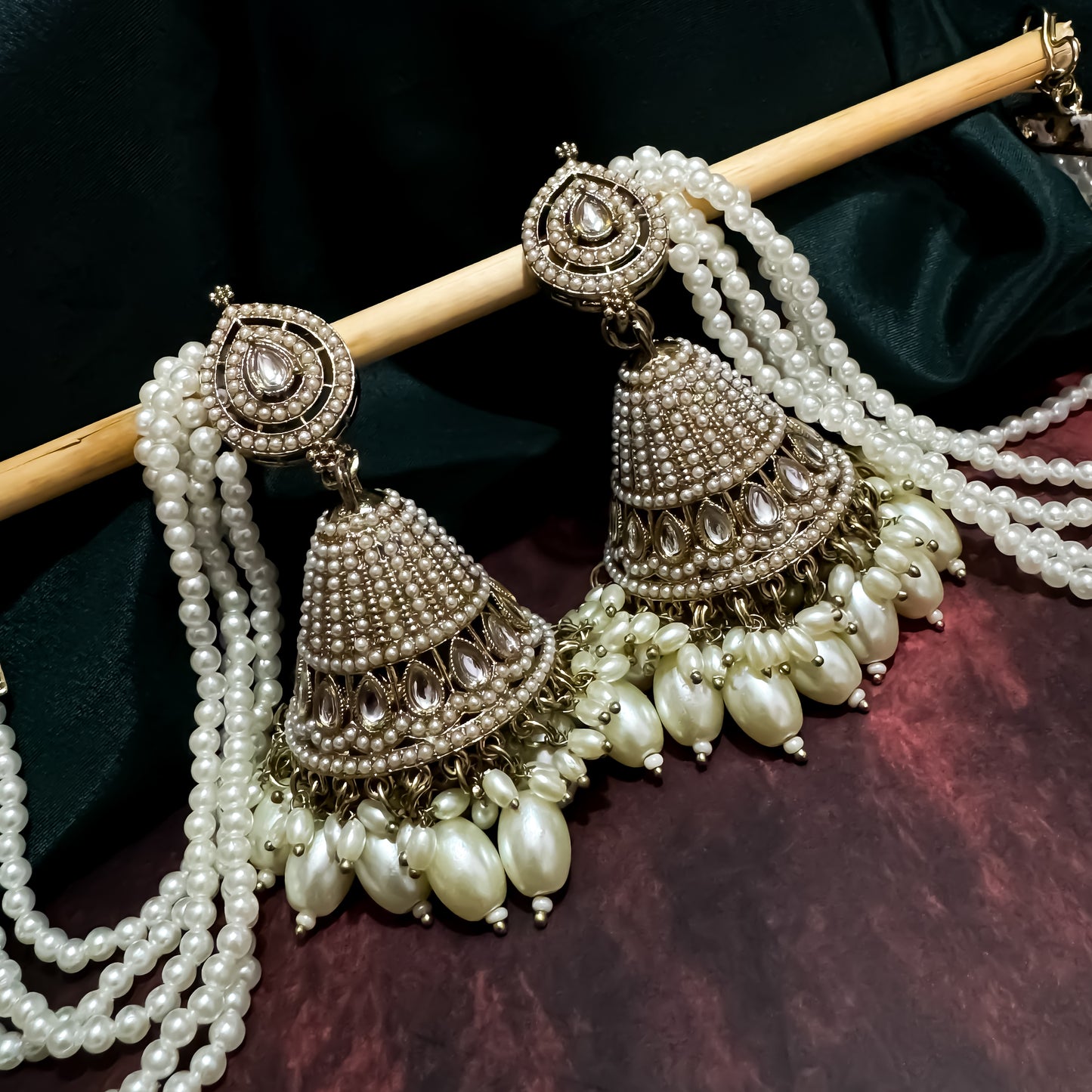 Mahiya Jadau Jhumka Earrings with Earchain - Golden