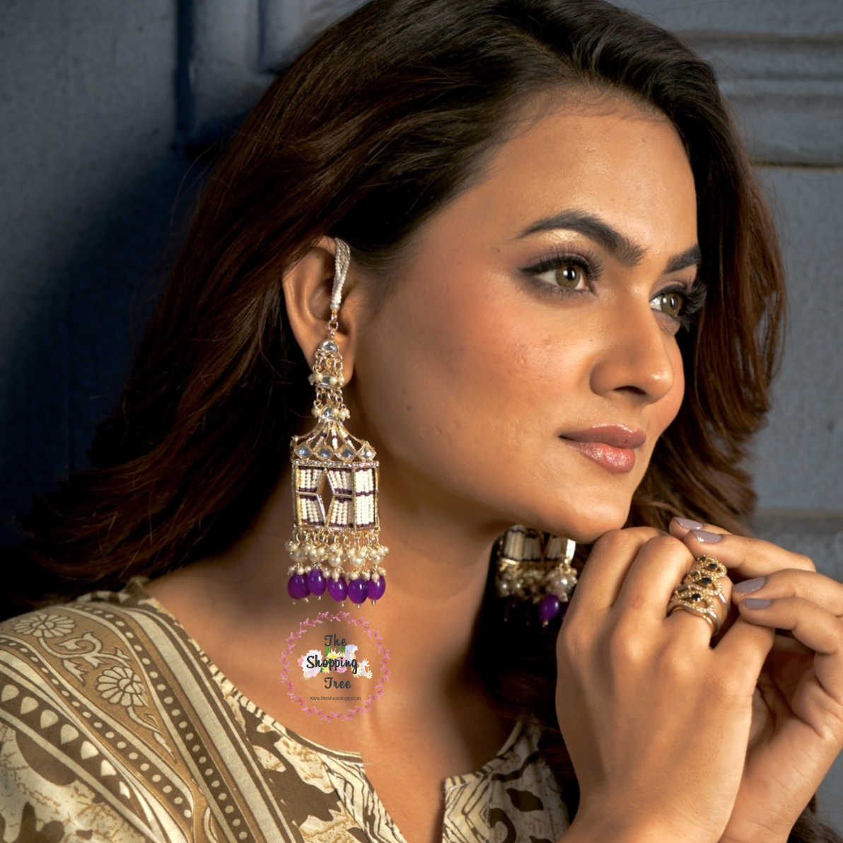 Jharokha Kundan Earrings with Sahara / Earchain - Purple