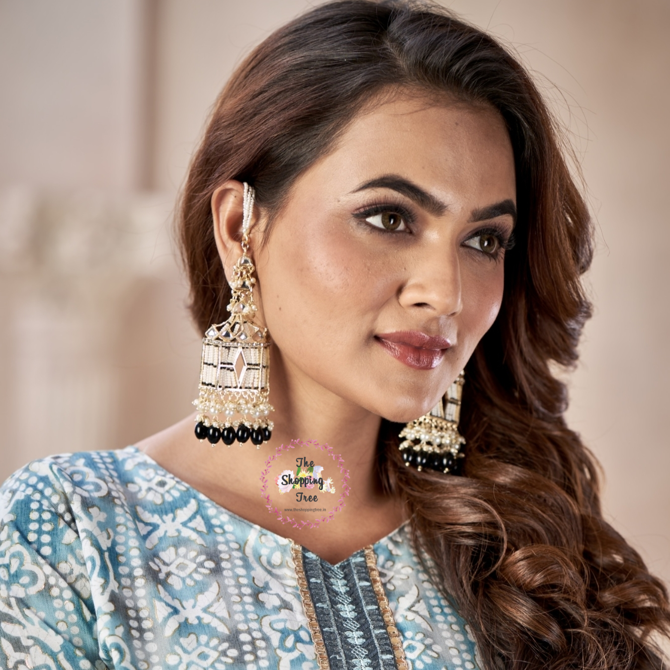 Jharokha Kundan Earrings with Sahara / Earchain - Black
