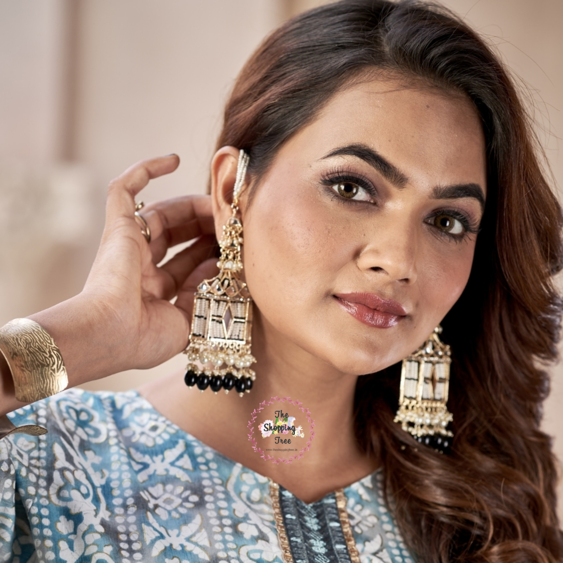 Jharokha Kundan Earrings with Sahara / Earchain - Black