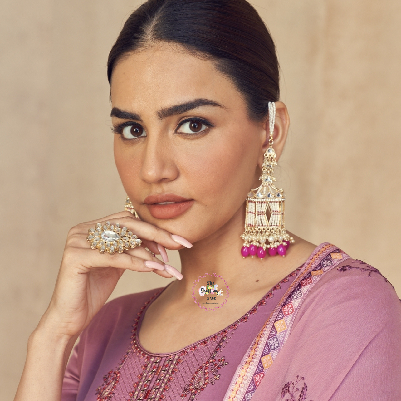 Jharokha Kundan Earrings with Sahara / Earchain - Pink