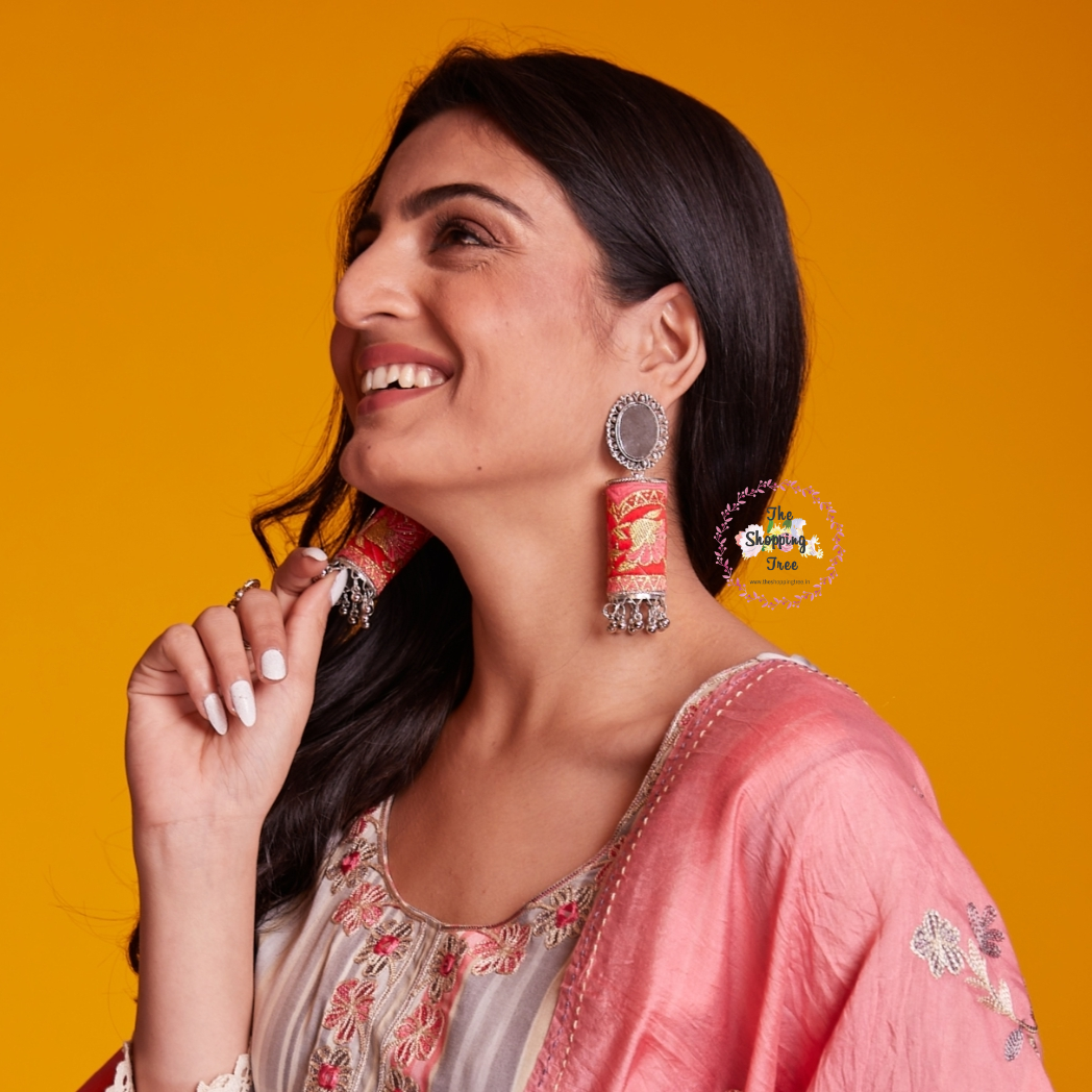 Fabric Mirror Jhumka Earrings - Pink