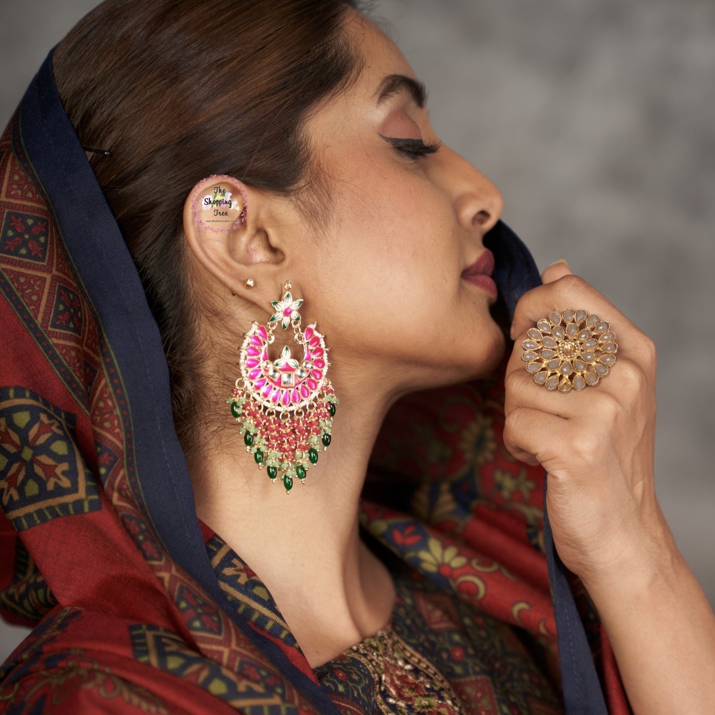 Reet Meenakari Crystal Chandbali Earrings - Hot Pink