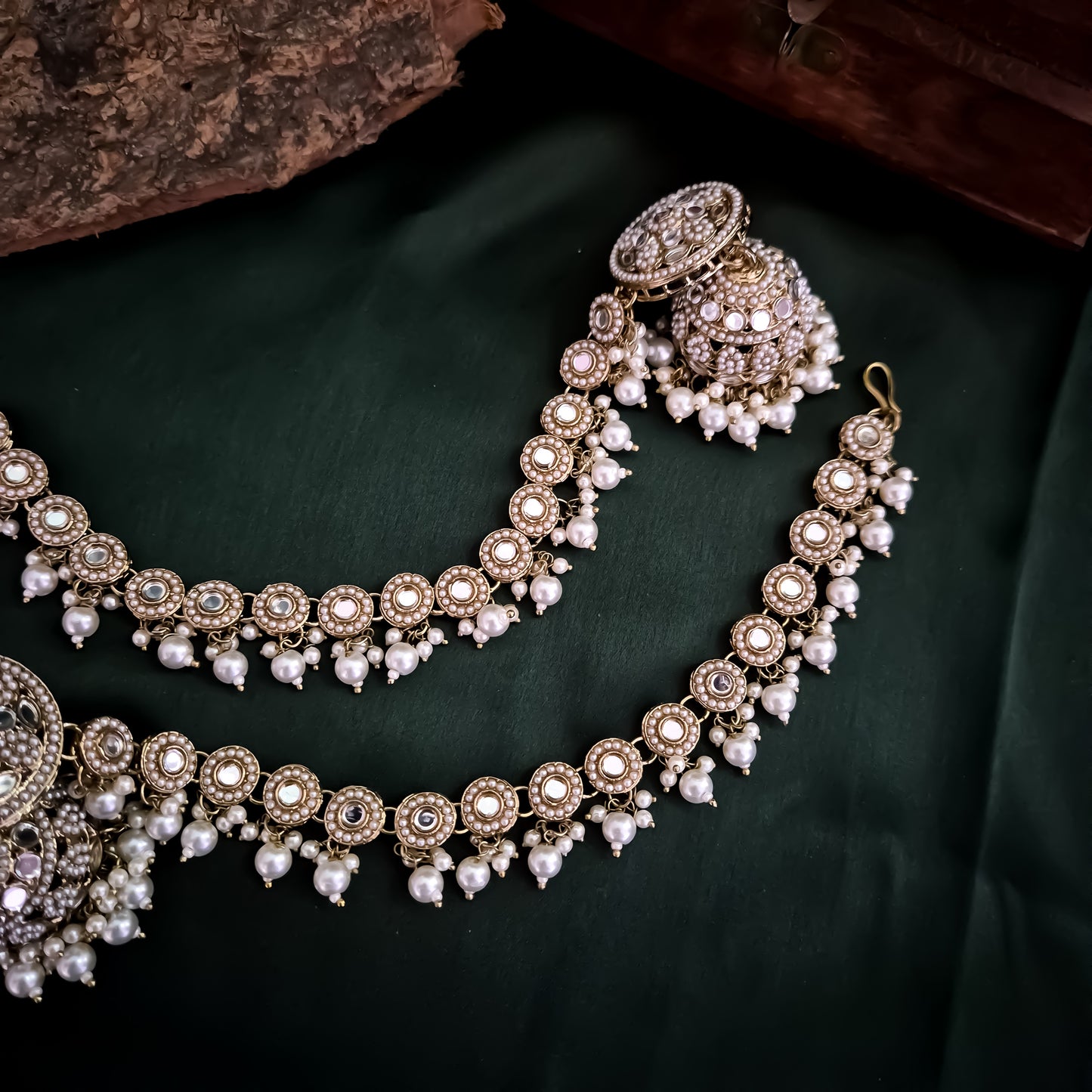 Rushda Jadau Mirror Jhumka Earrings with Sahara/Earchains - Golden