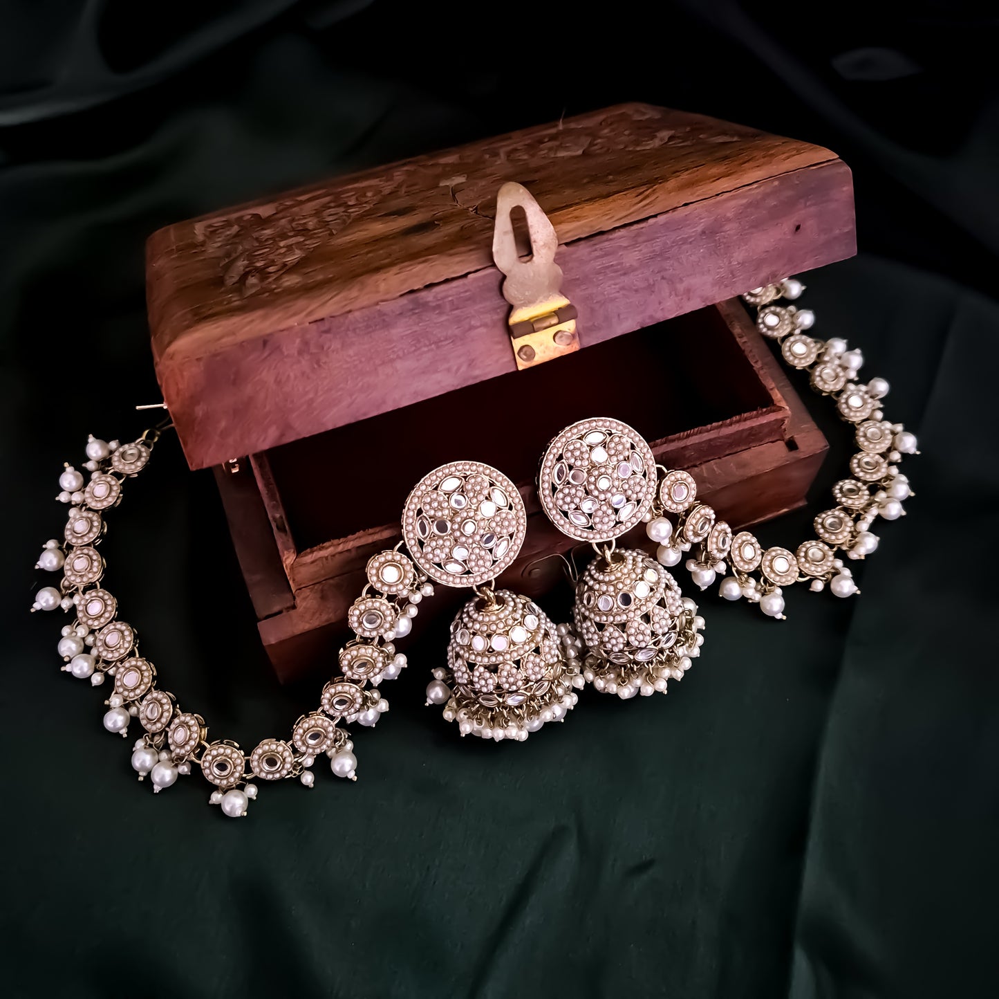 Rushda Jadau Mirror Jhumka Earrings with Sahara/Earchains - Golden