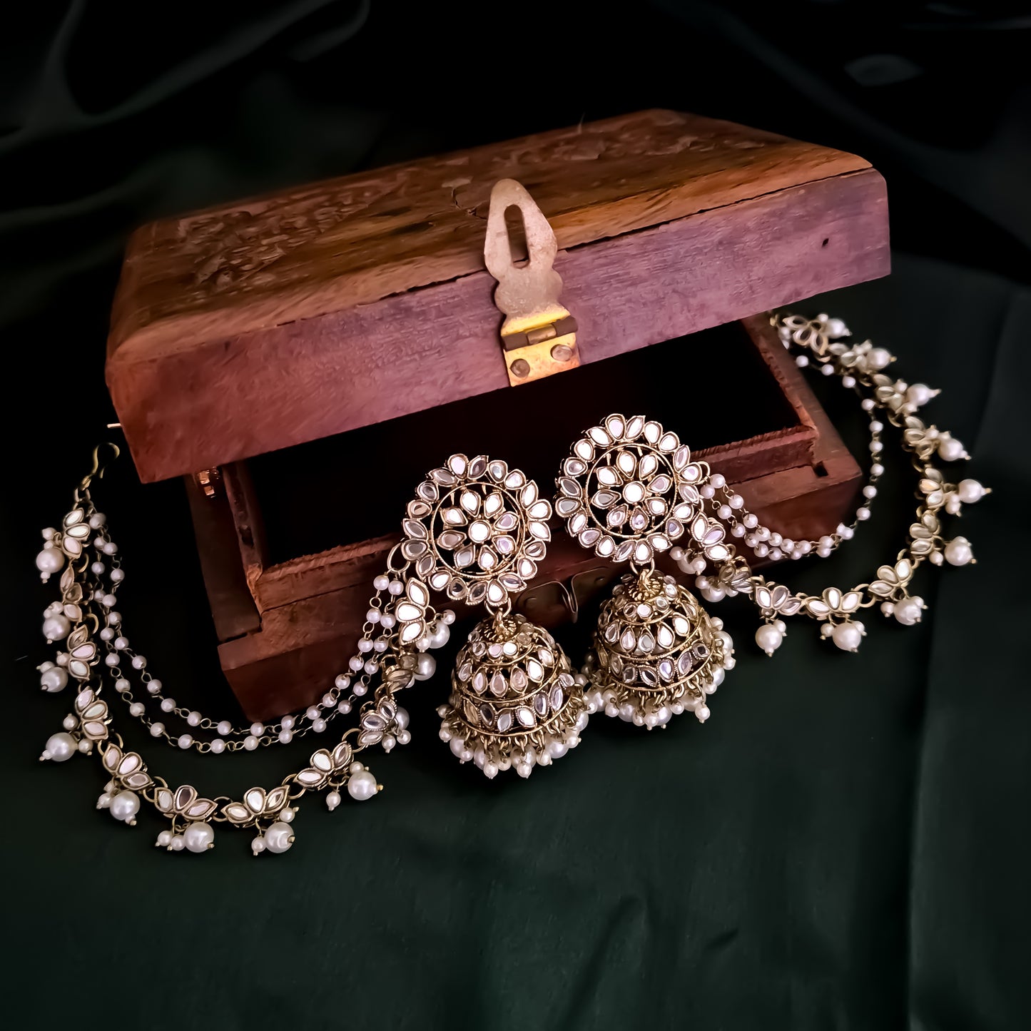 Mishika Mirror Jhumka Earrings with Sahara/Earchains - Golden