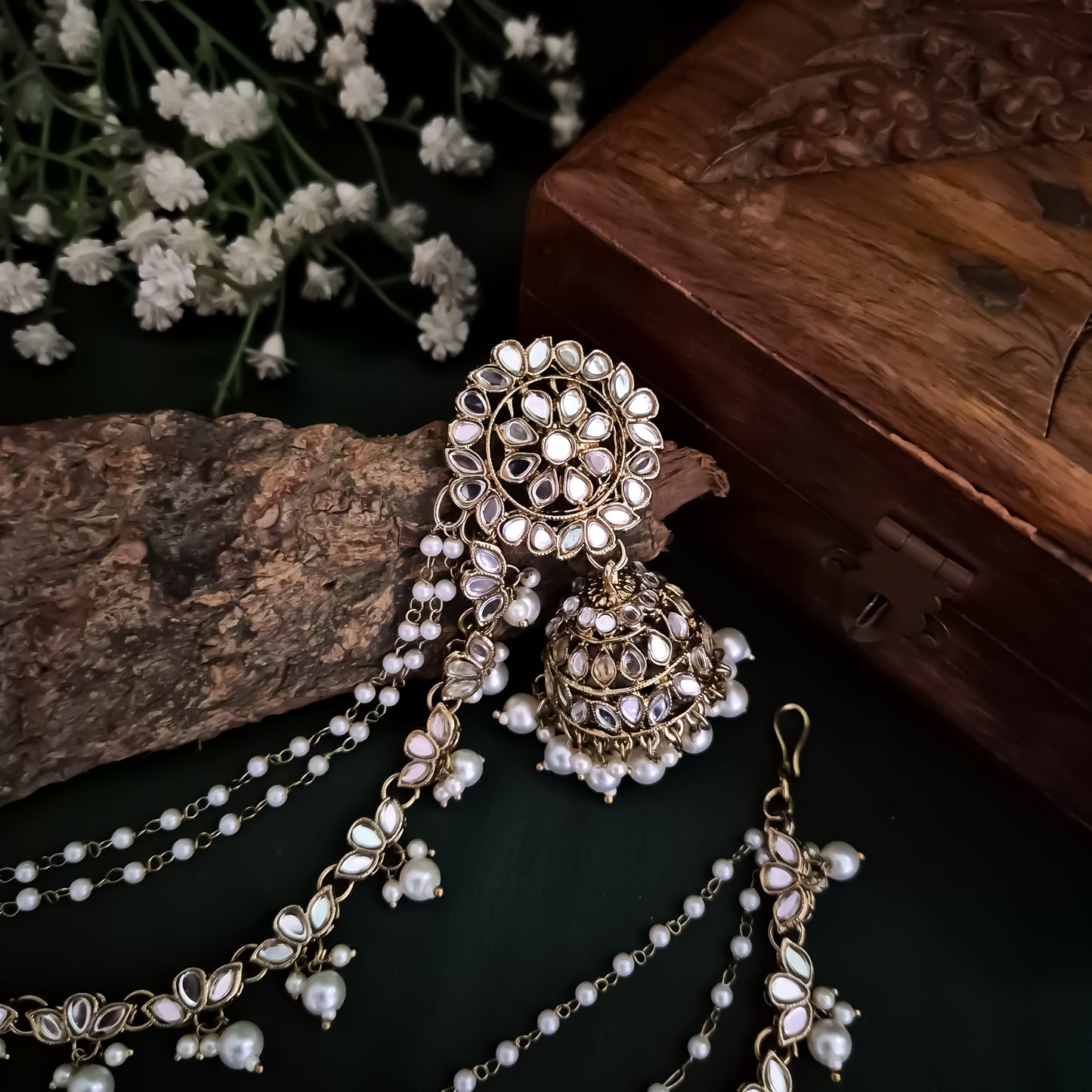 Mishika Mirror Jhumka Earrings with Sahara/Earchains - Golden