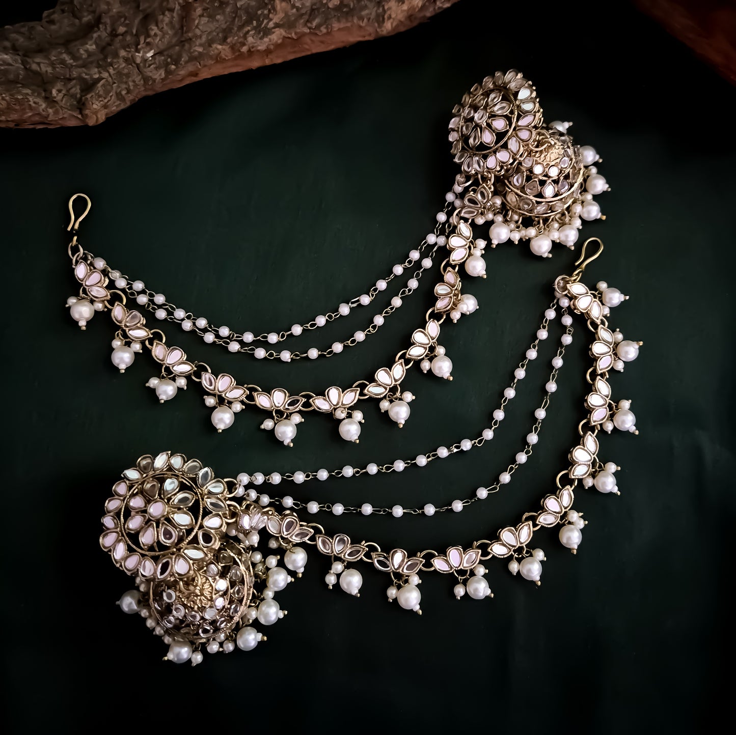 Mishika Mirror Jhumka Earrings with Sahara/Earchains - Golden