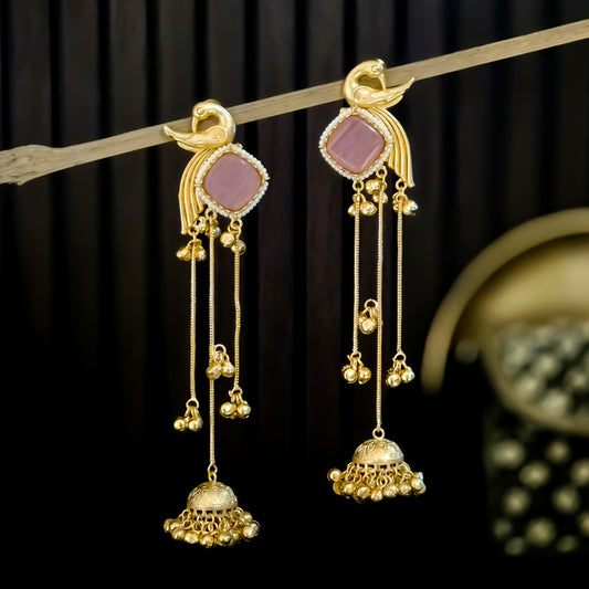 Mayur Kashmiri Brass Dejhoor Ghungroo Jhumka Earrings - Pastel Pink