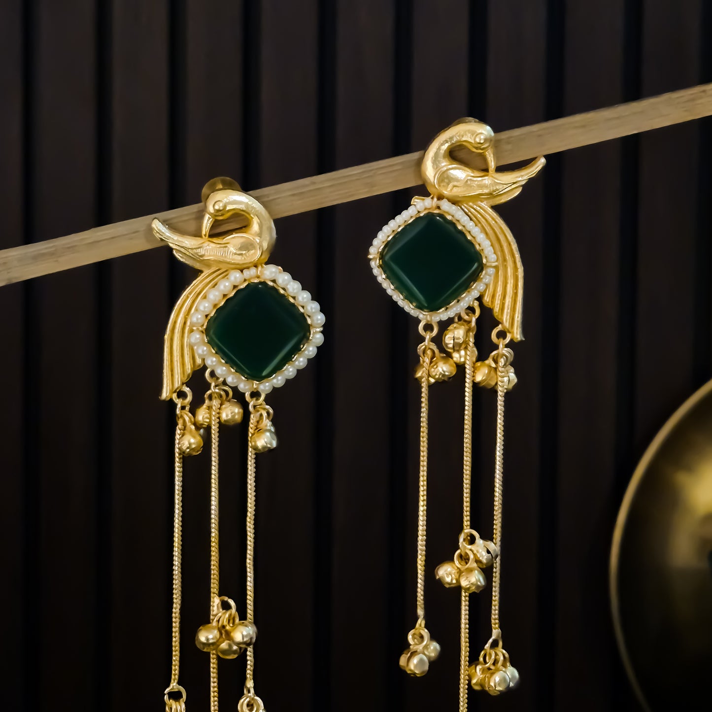 Mayur Kashmiri Brass Dejhoor Ghungroo Jhumka Earrings - Green