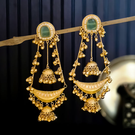 Nitanshi Kashmiri Brass Dejhoor Ghungroo Jhumka Earrings - Pastel Green