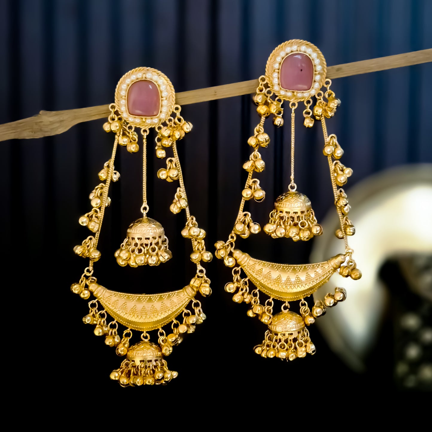 Nitanshi Kashmiri Brass Dejhoor Ghungroo Jhumka Earrings - Pastel Pink
