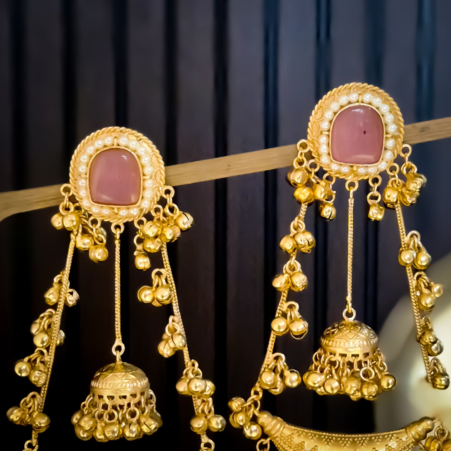 Nitanshi Kashmiri Brass Dejhoor Ghungroo Jhumka Earrings - Pastel Pink
