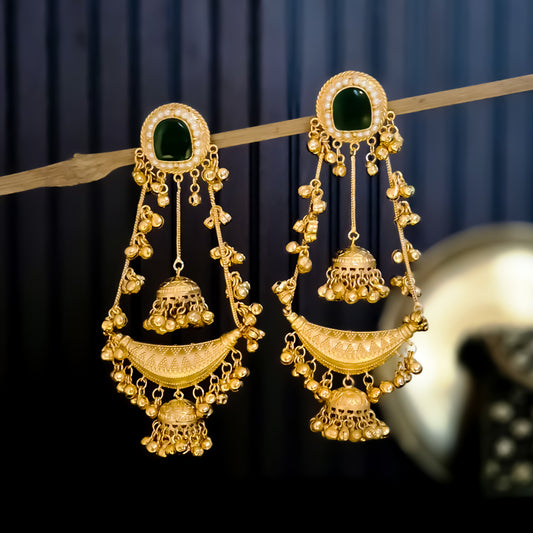 Nitanshi Kashmiri Brass Dejhoor Ghungroo Jhumka Earrings - Green
