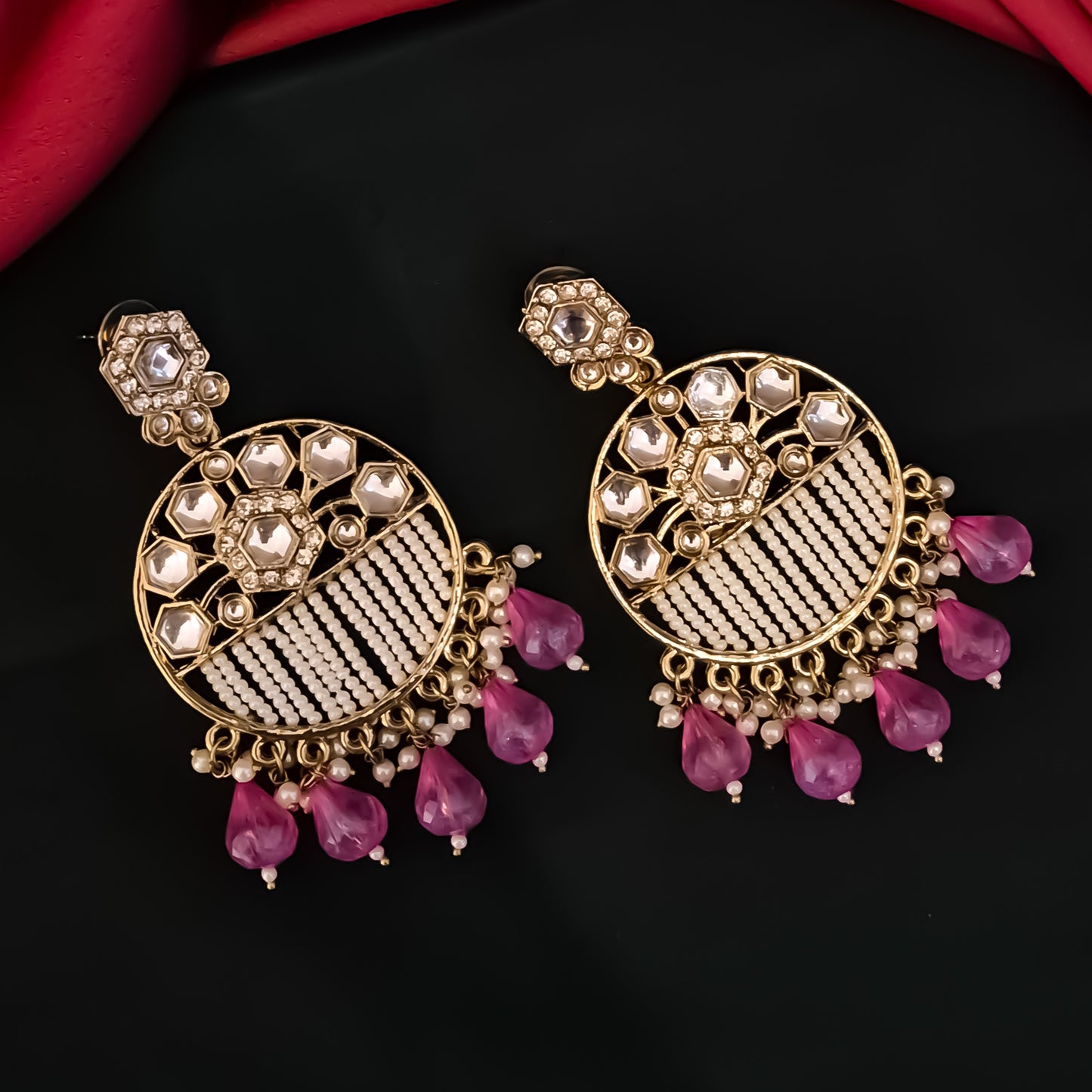 Adah Pearl Kundan Chandbali Earrings - Magenta Pink