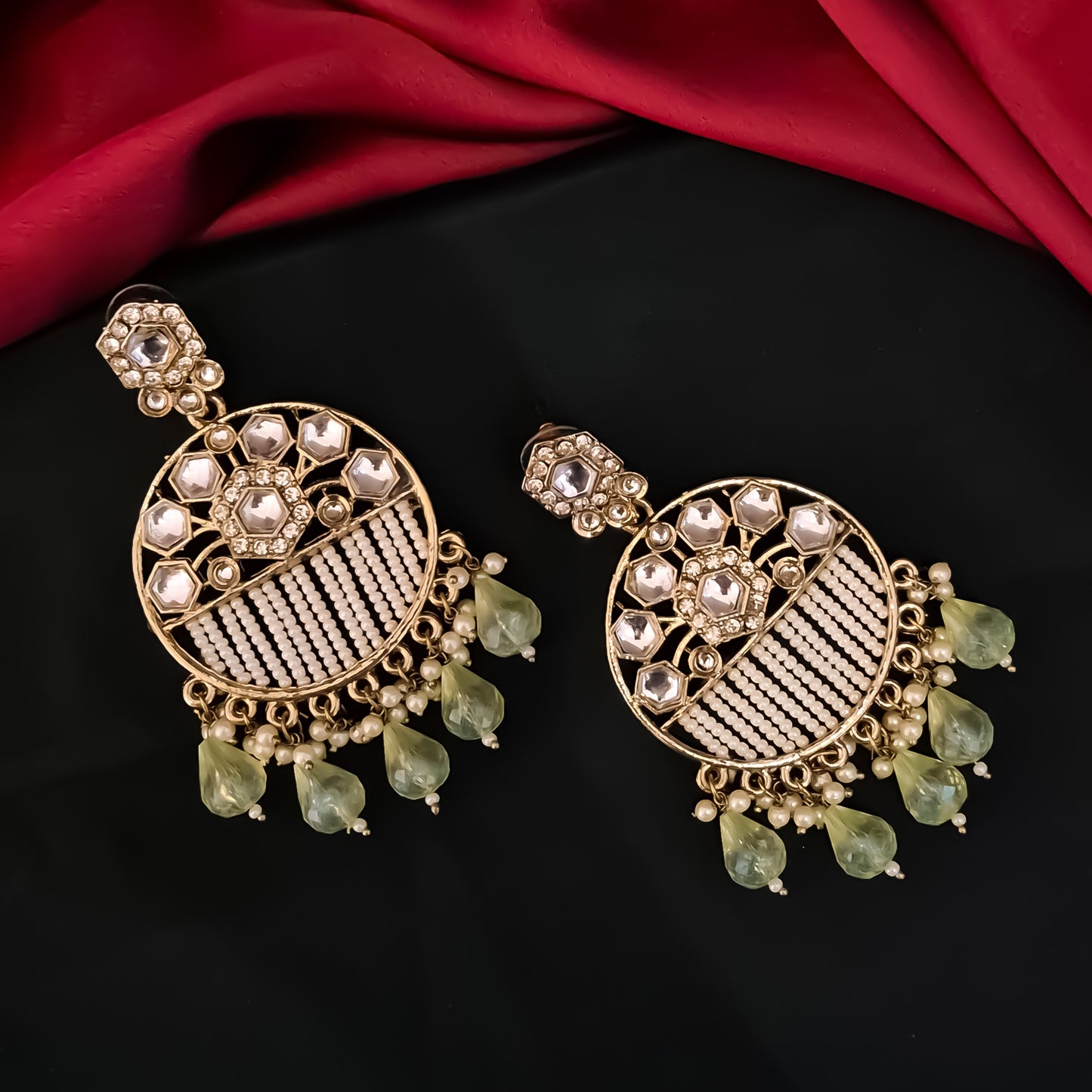 Adah Pearl Kundan Chandbali Earrings - Pista Green