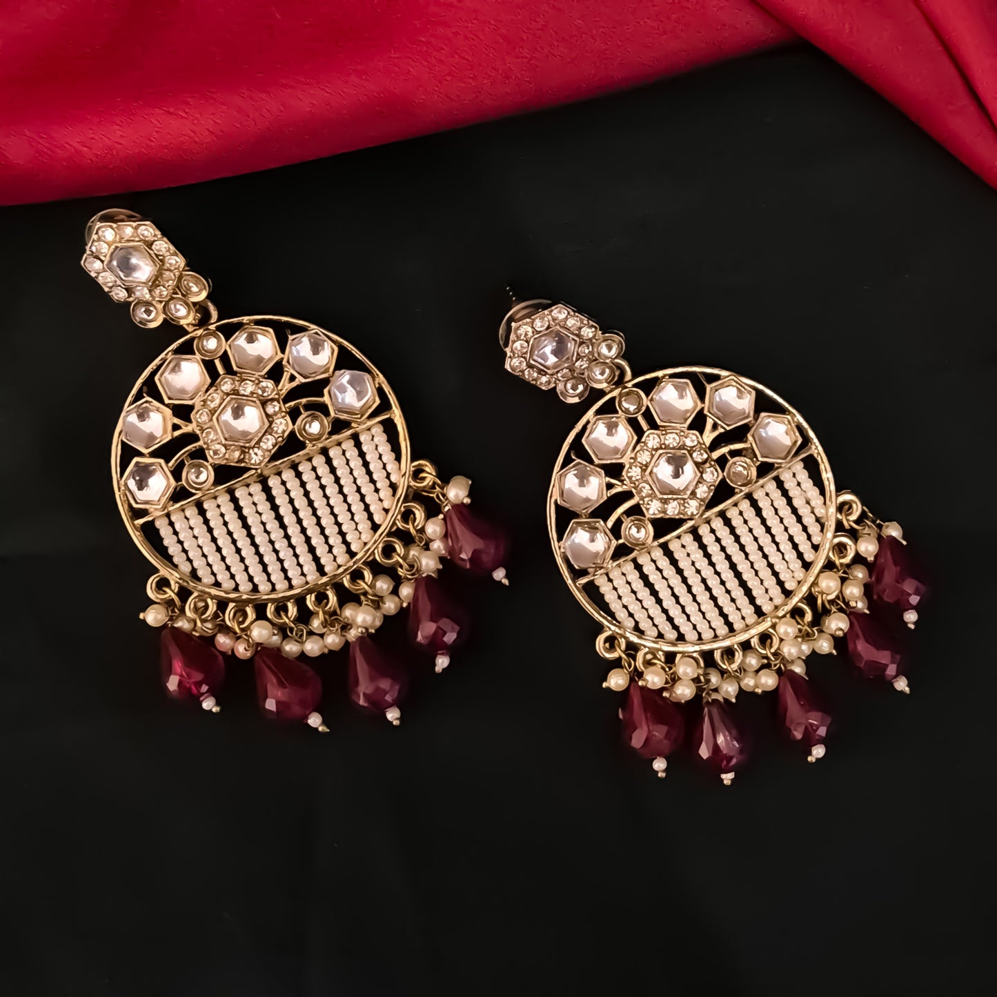 Adah Pearl Kundan Chandbali Earrings - Maroon