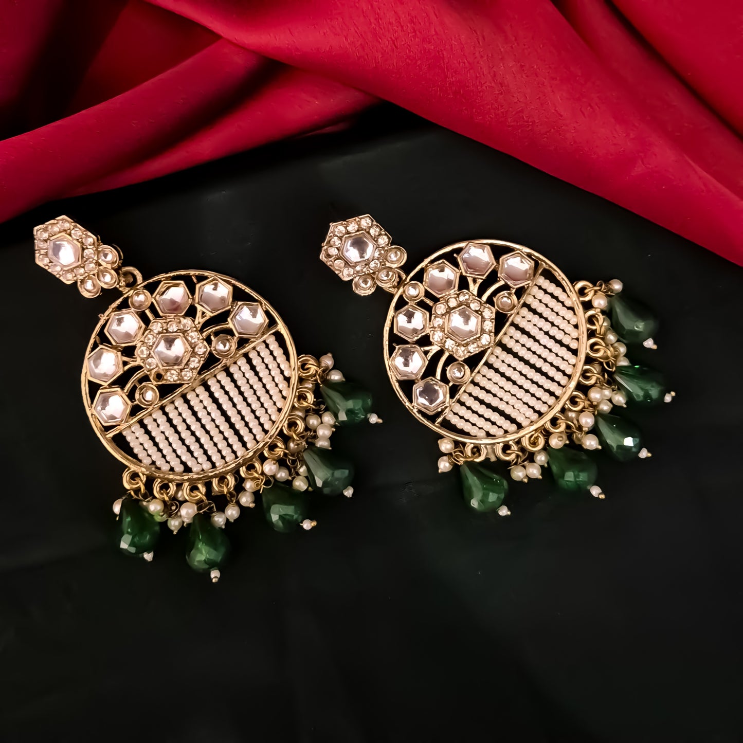 Adah Pearl Kundan Chandbali Earrings - Green