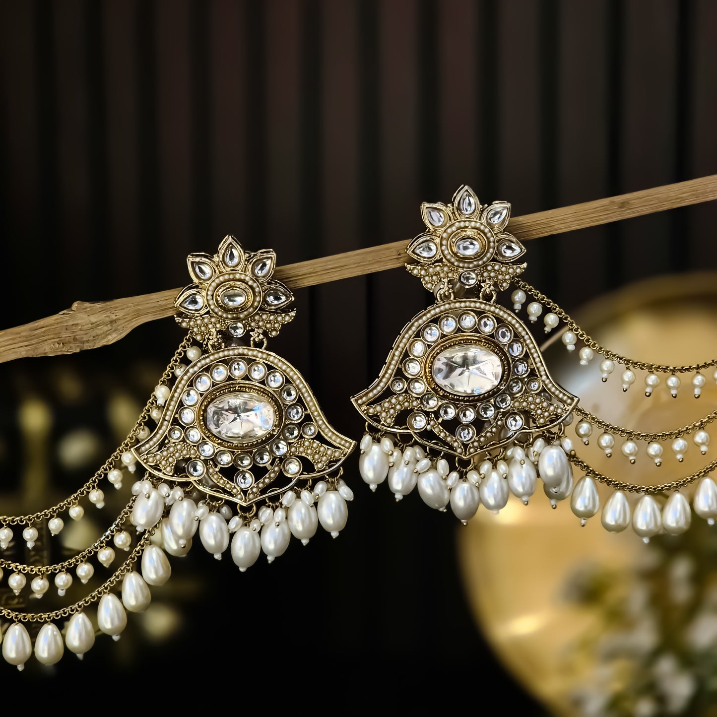 Harshita Pearl Kundan Chandbali Earrings with Sahara and Teeka Set - Golden