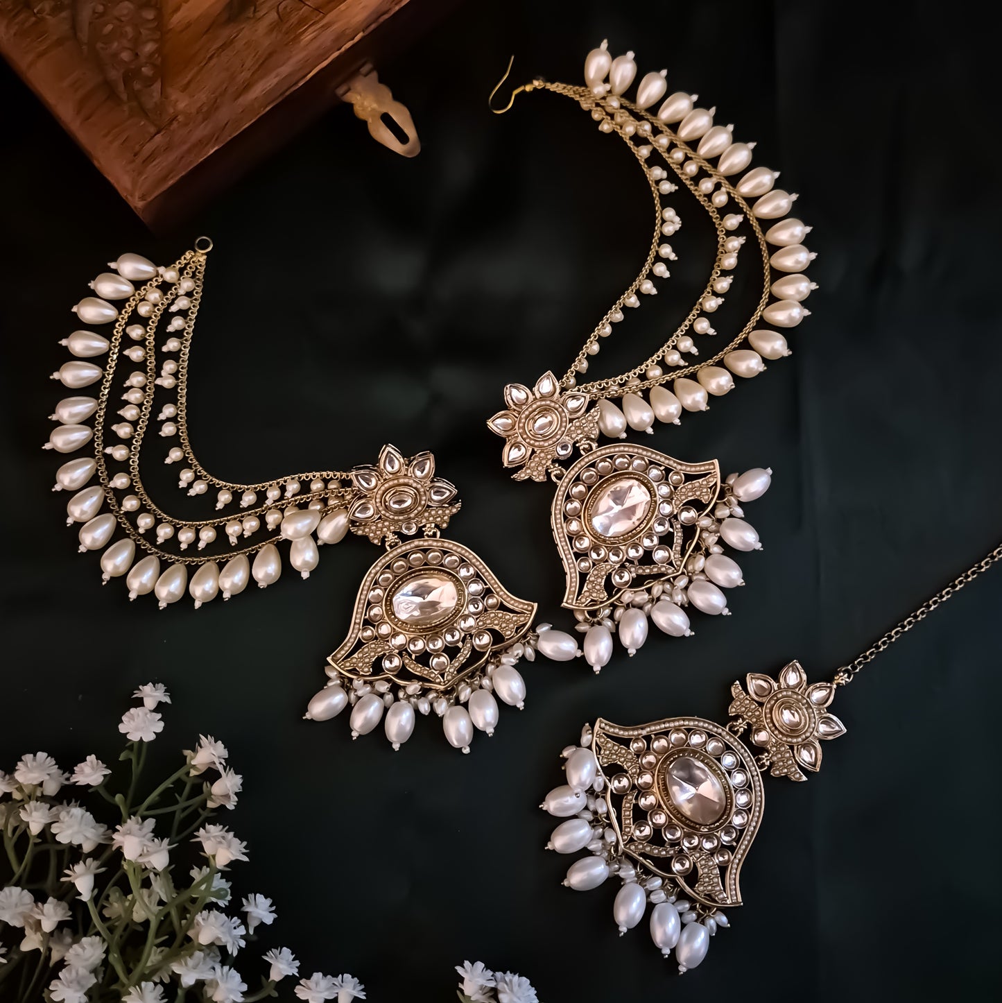 Harshita Pearl Kundan Chandbali Earrings with Sahara and Teeka Set - Golden