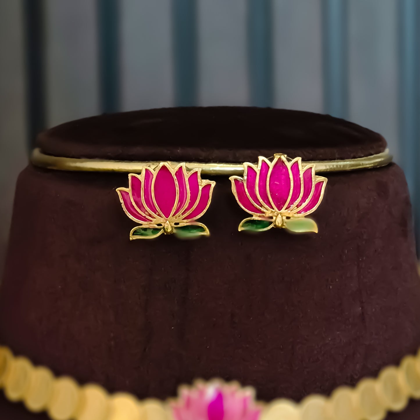 Jalaj Lotus Coin Temple Motif Necklace Set - Pink