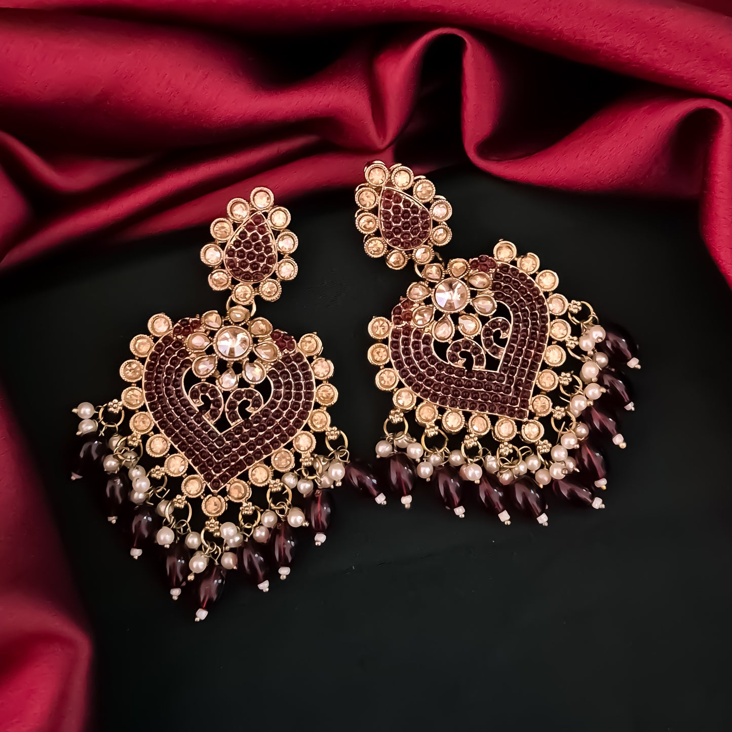Sayali Jadau Chandbali Earrings- Maroon
