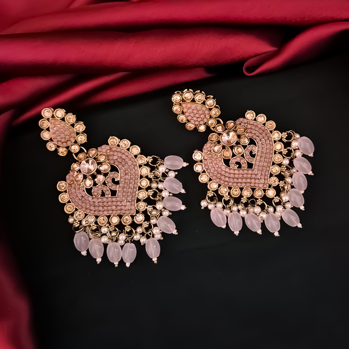 Sayali Jadau Chandbali Earrings - Baby Pink