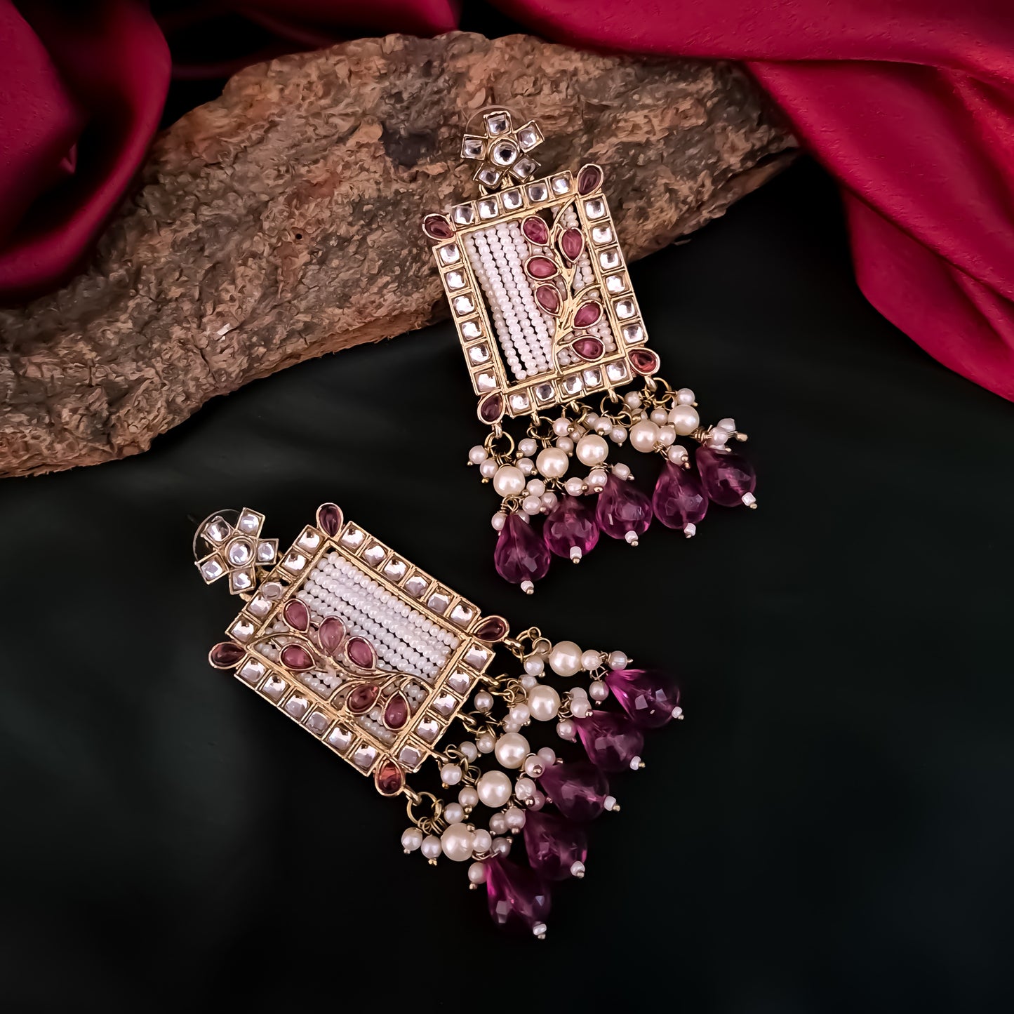 Janki Kundan Pearl Earrings - Wine