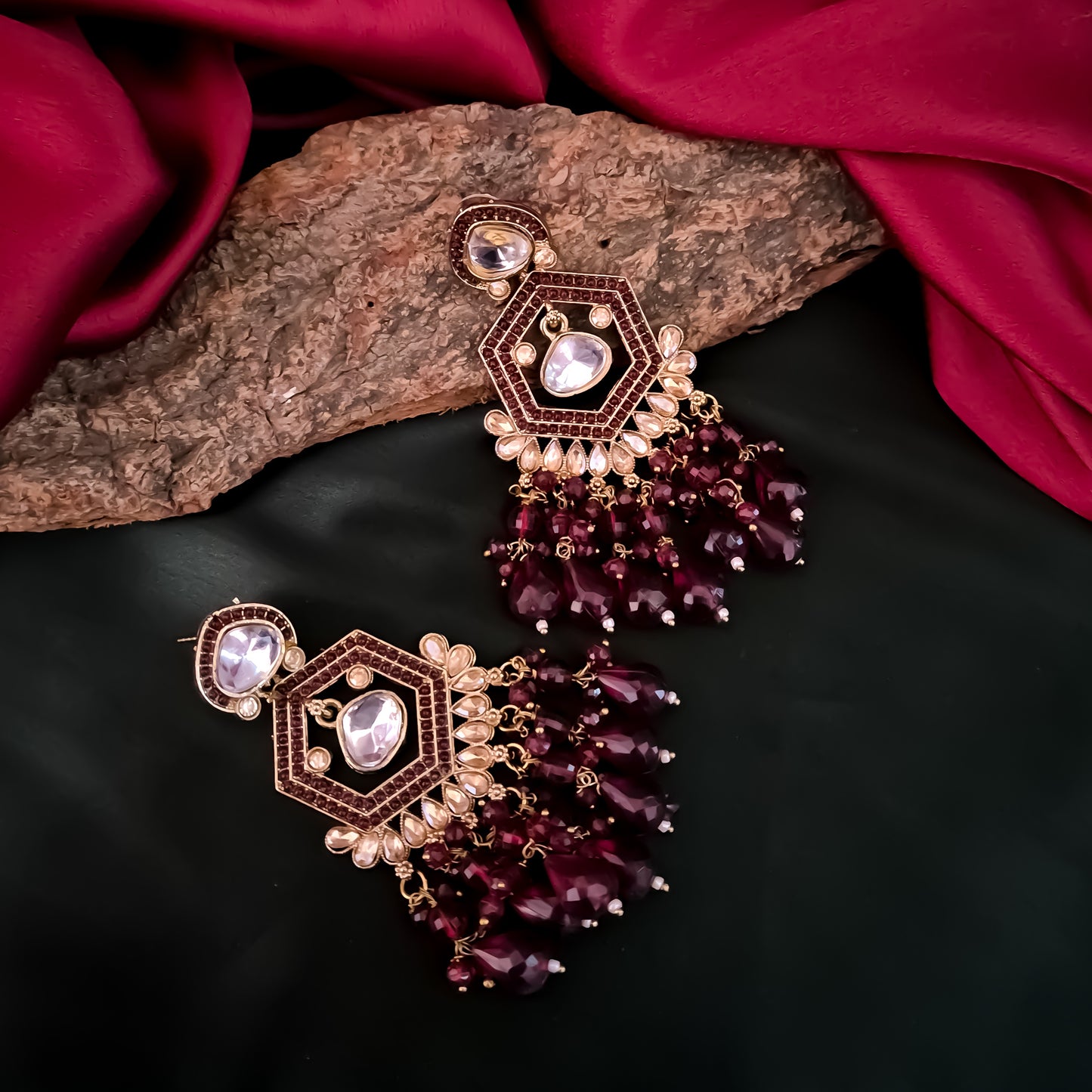 Mandana Kundan Chandbali Earrings - Maroon