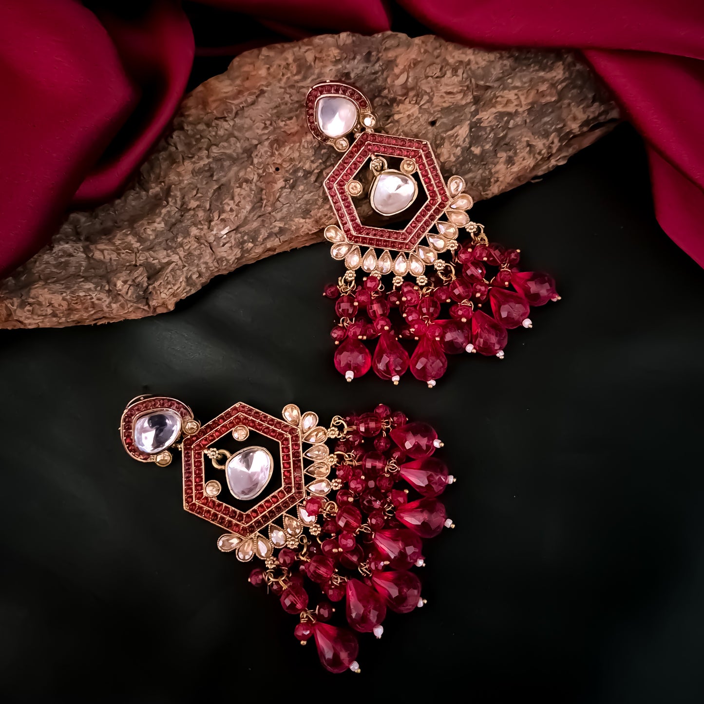 Mandana Kundan Chandbali Earrings - Red