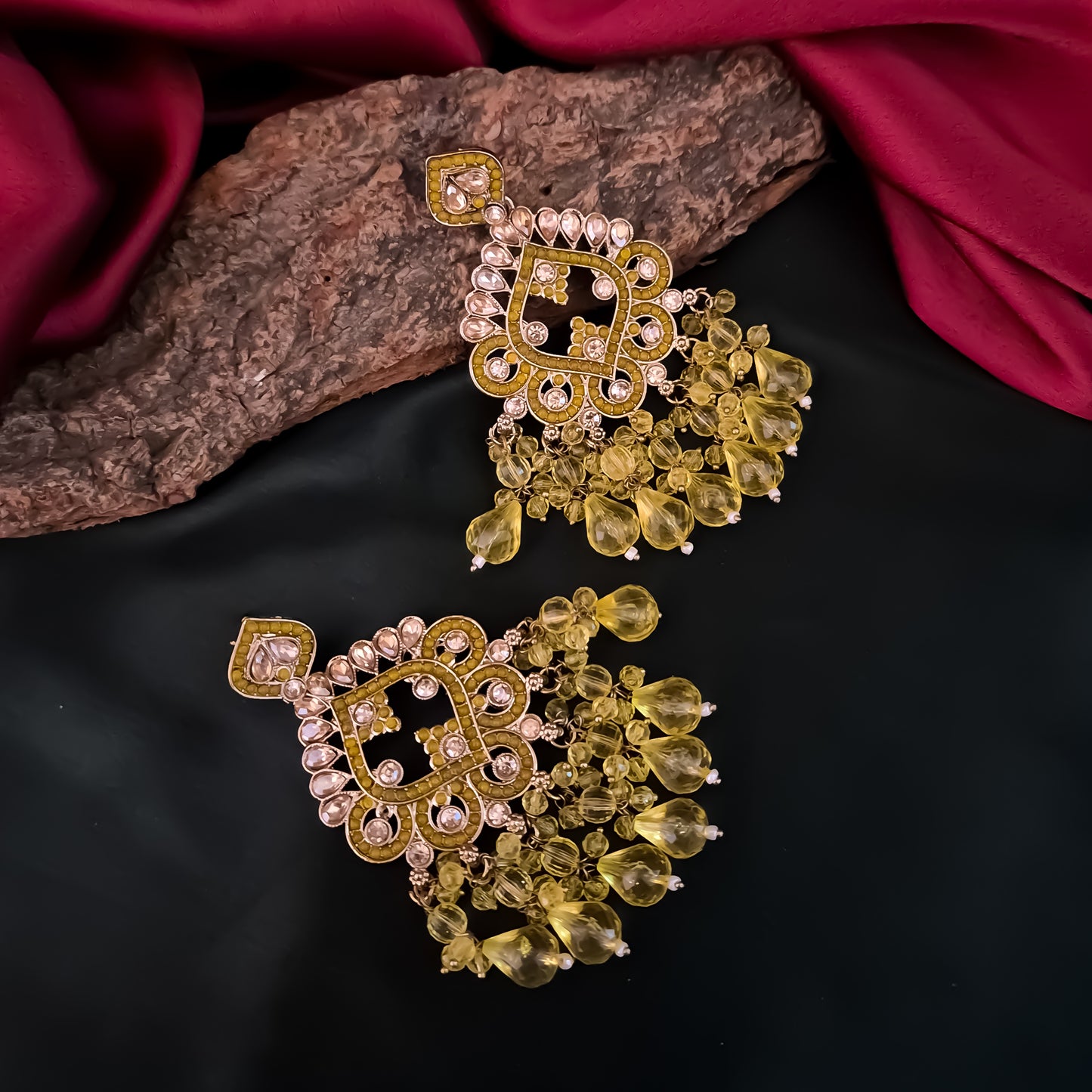 Manpreet Jadau Kundan Chandbali Earrings - Yellow
