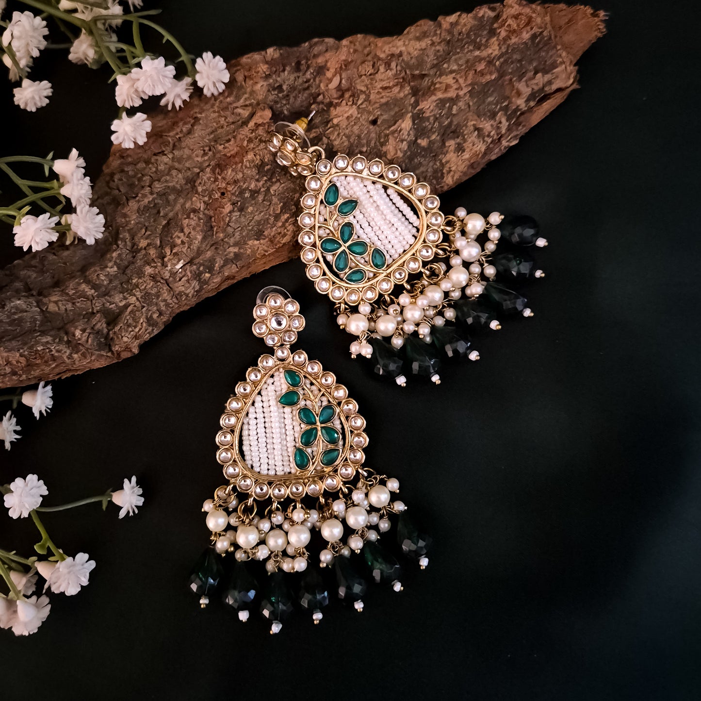 Jissa Kundan Pearl Earrings - Green