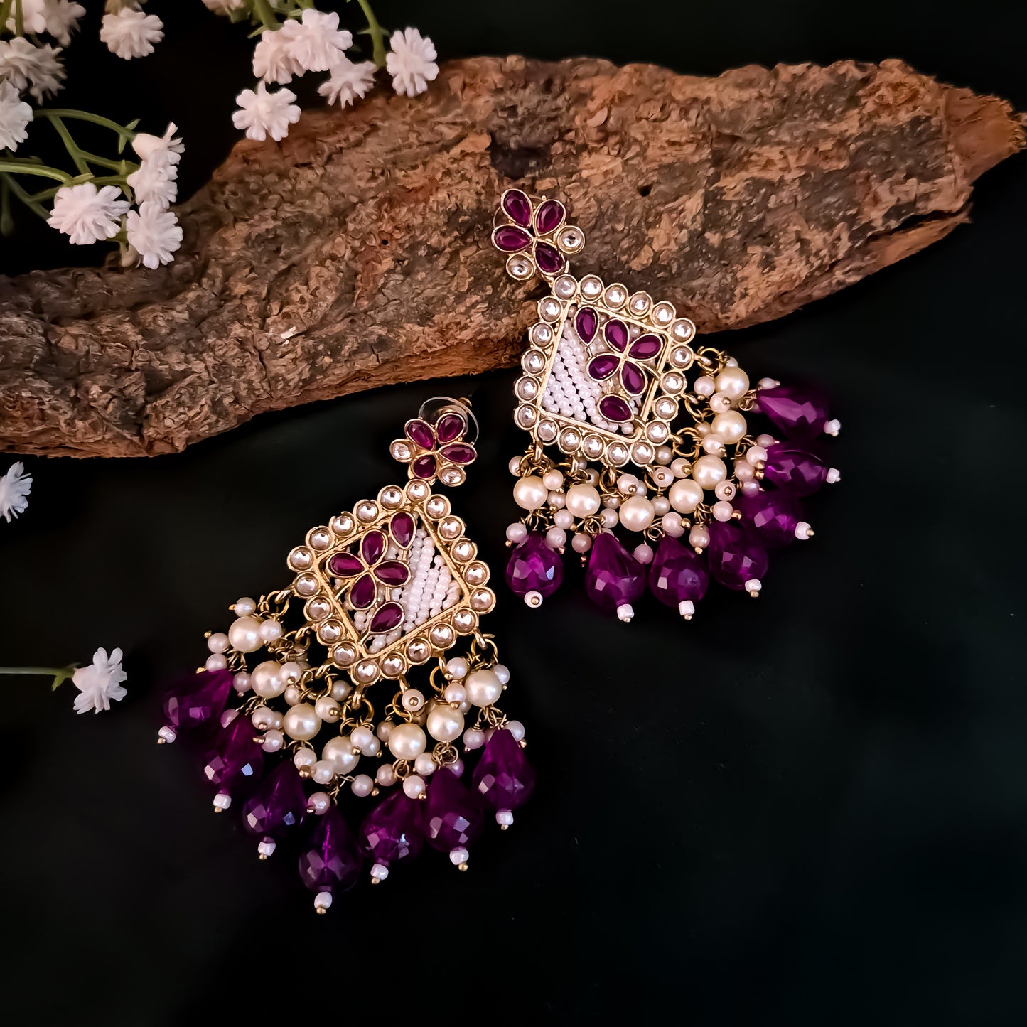 Jayati Kundan Pearl Earrings - Purple