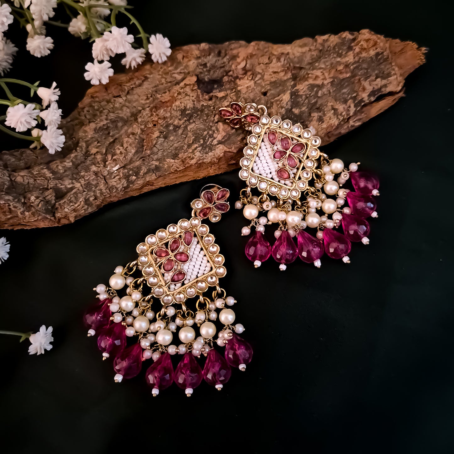 Jayati Kundan Pearl Earrings - Wine