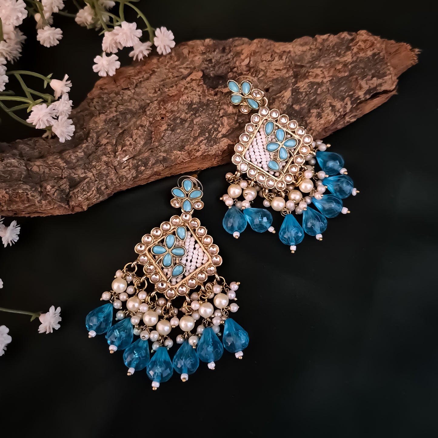 Jayati Kundan Pearl Earrings - Sky Blue
