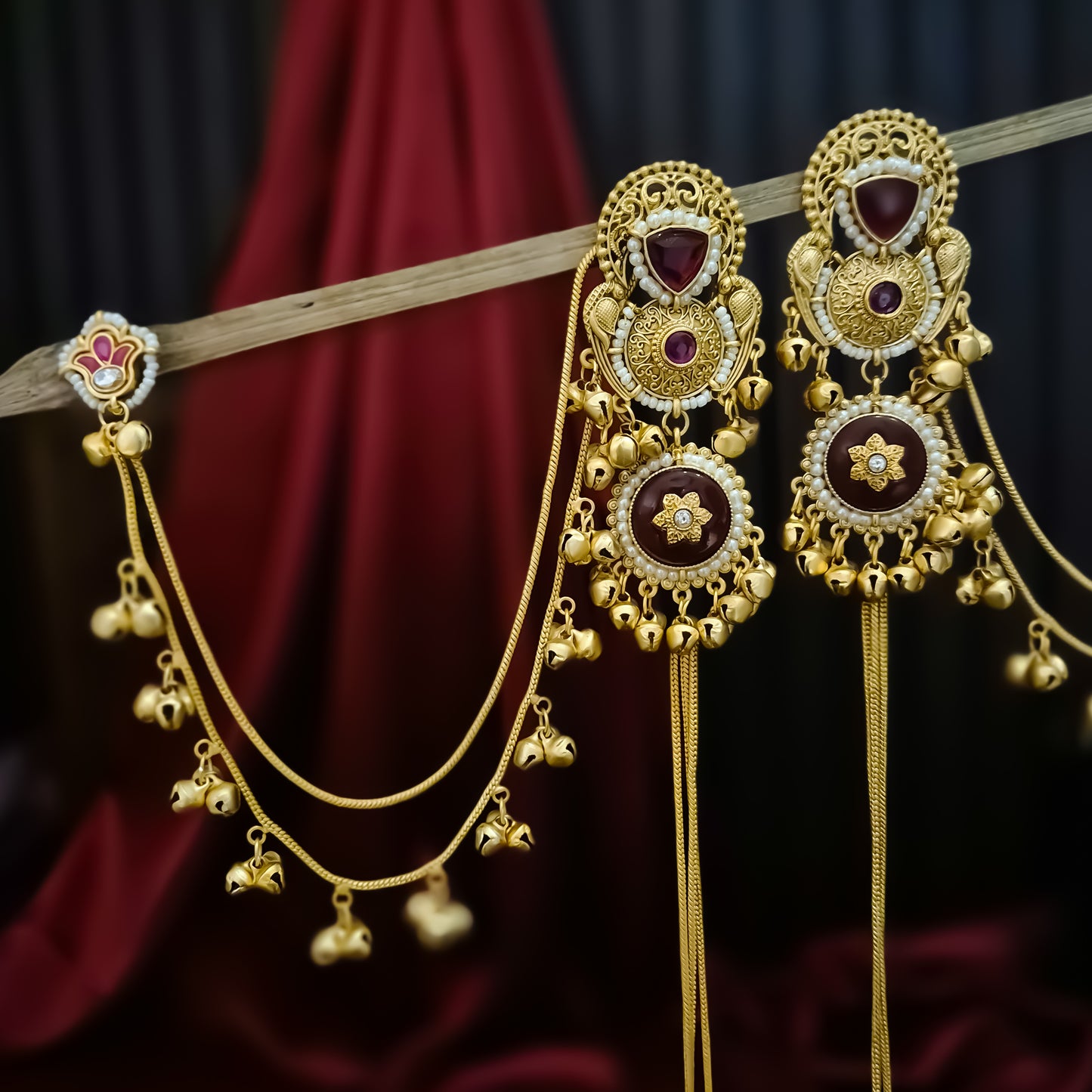 Yukti Premium Kashmiri Matte Polish Ghungroo Deatachable Sahara/Earchain Earrings - Ruby