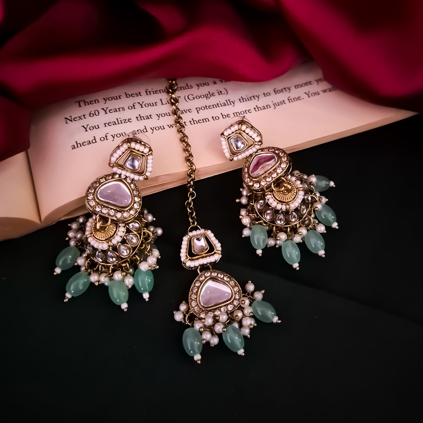 Ramsha Royal Kundan Necklace Set - Pastel Green