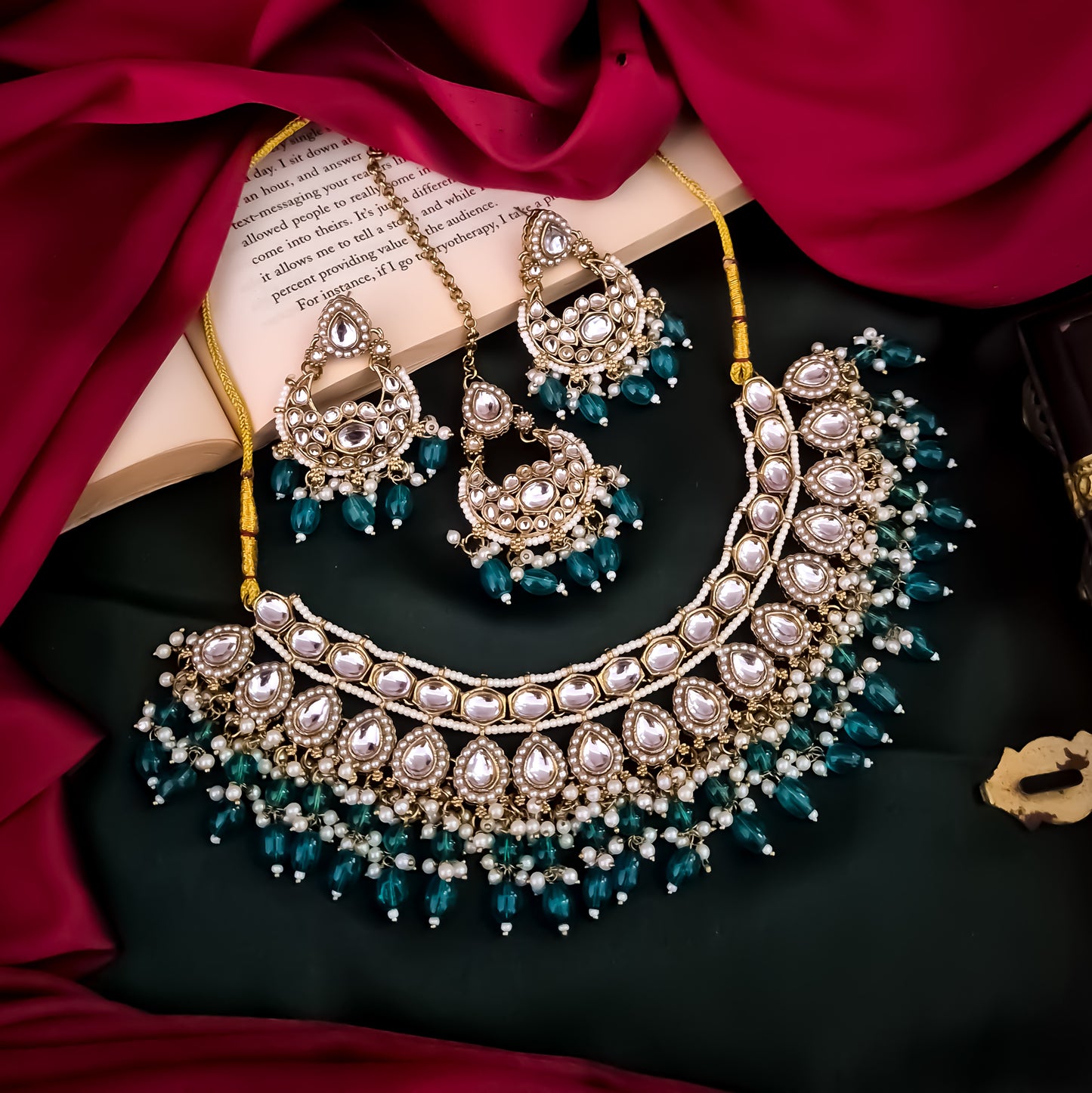 Rumaisa Jadau Kundan Necklace Set - Peacock Blue