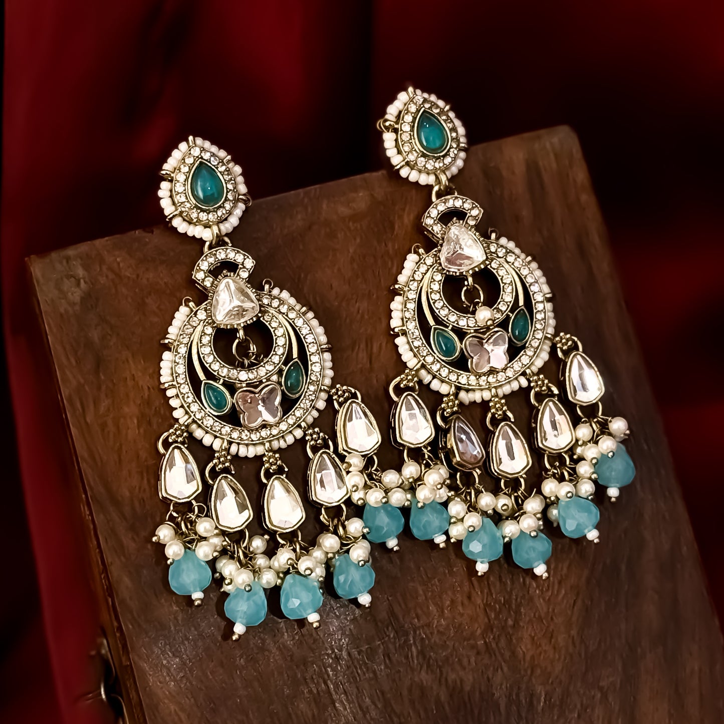 Athiya Kundan Pearl Premium Chandbali Earrings - Sky Blue/Firozi