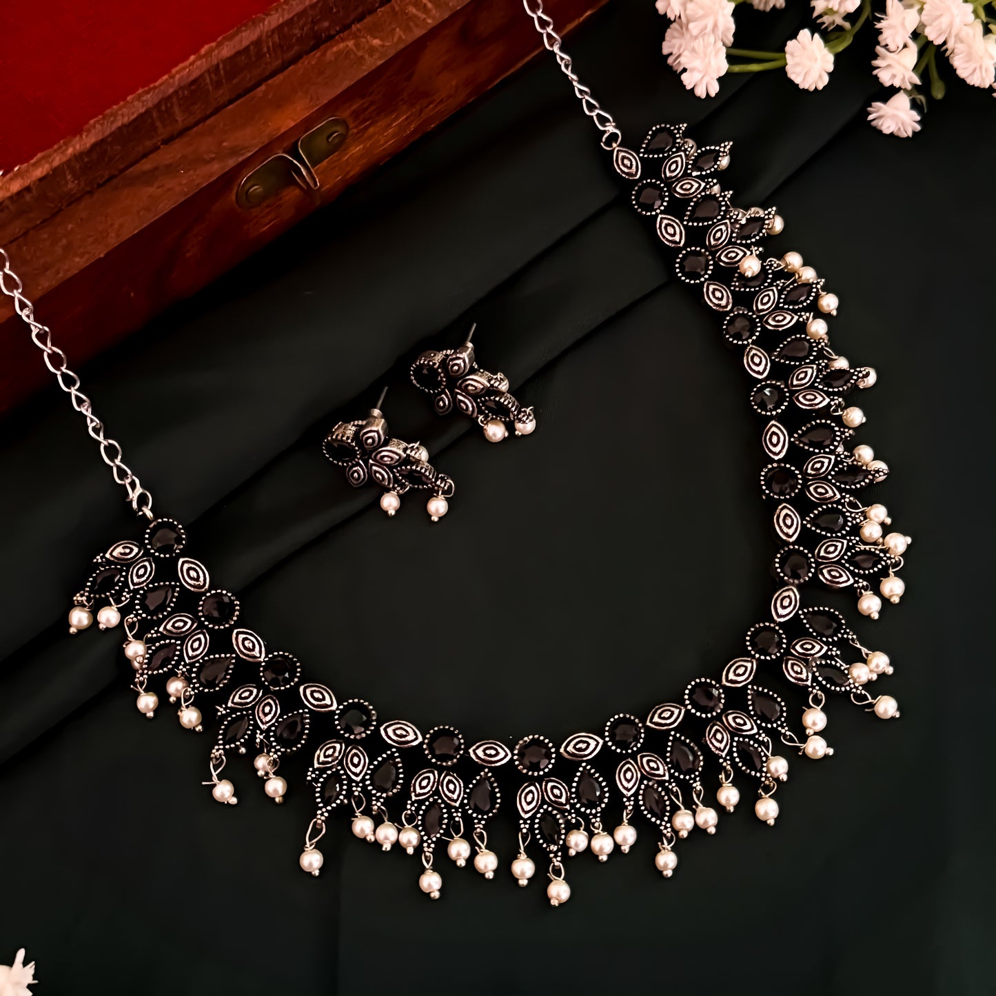 Kimaya Silver Oxidised Necklace Set- Black